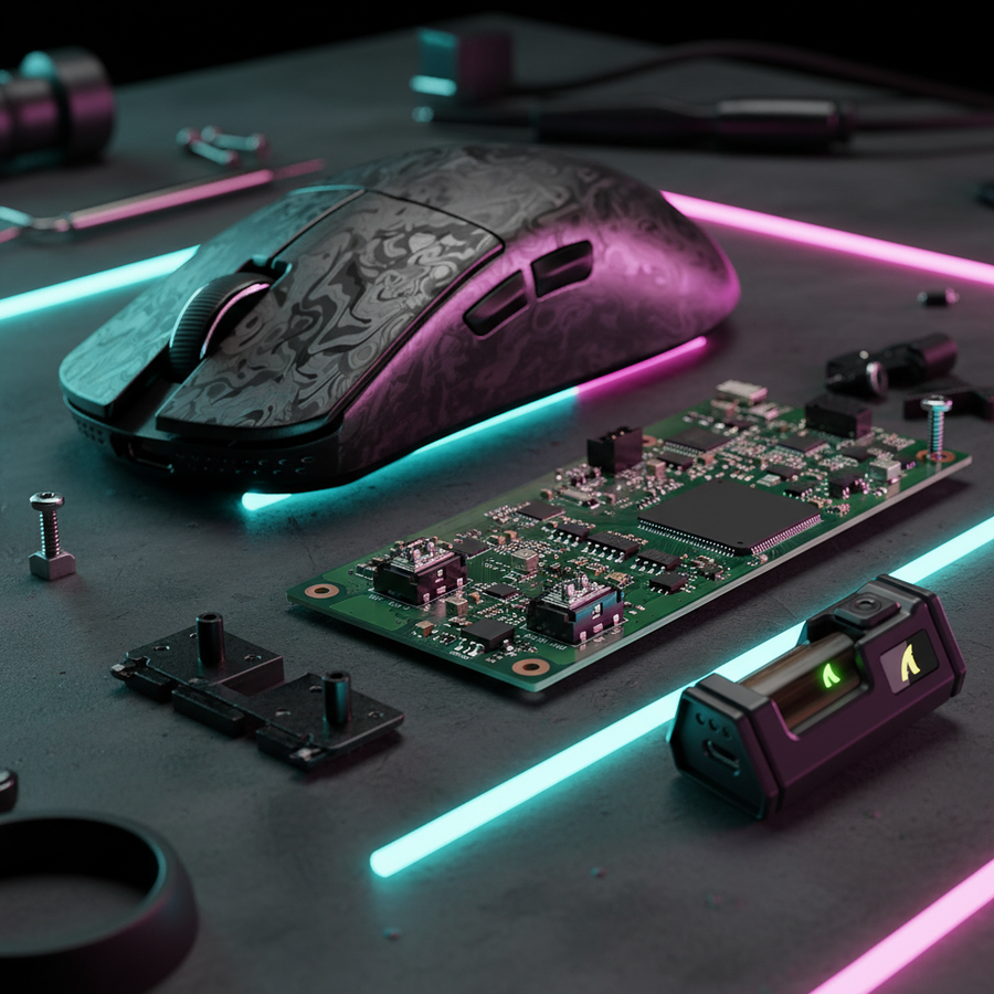 Disassembled wireless gaming mouse with its PCB, switches, and screws laid out on a neon-lit desk