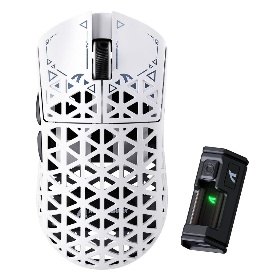 White ATTACK SHARK R5 Ultra gaming mouse with a lattice carbon shell shown next to its wireless receiver