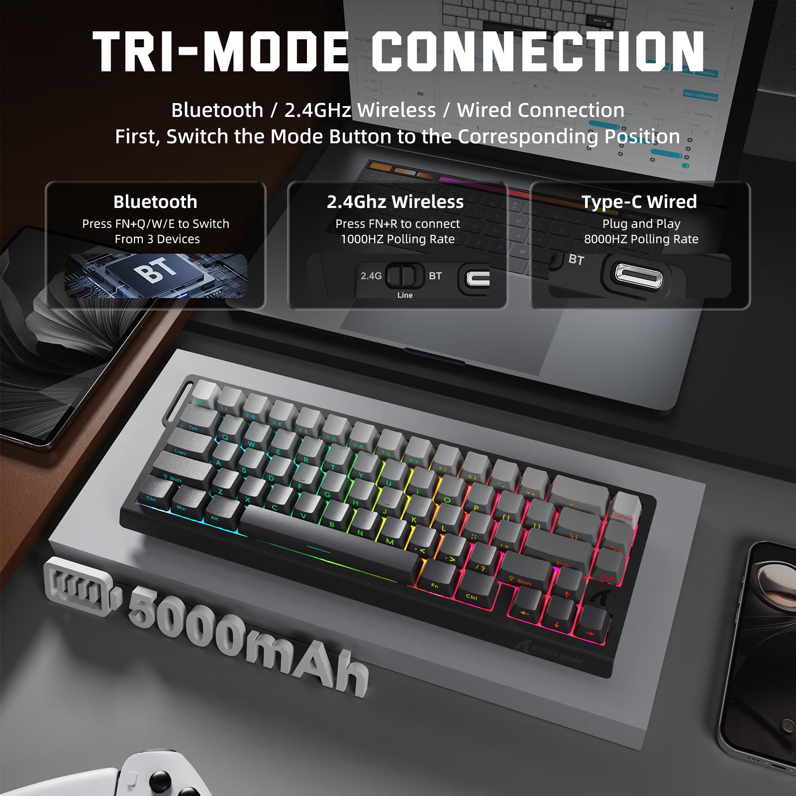 Teclado inalámbrico con gatillo rápido ATTACK SHARK X68PRO HE con interruptor magnético