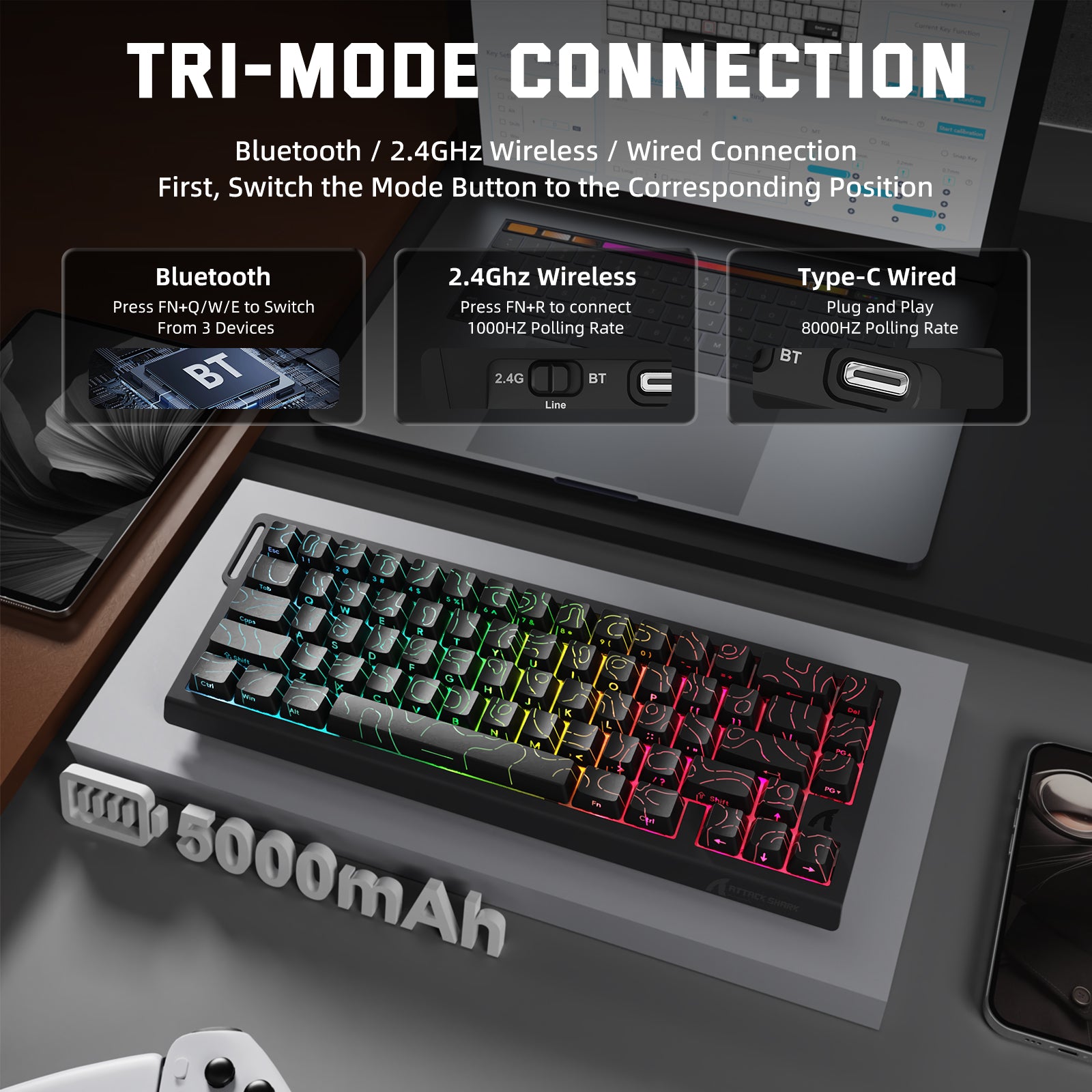 Teclado inalámbrico con gatillo rápido ATTACK SHARK X68PRO HE con interruptor magnético