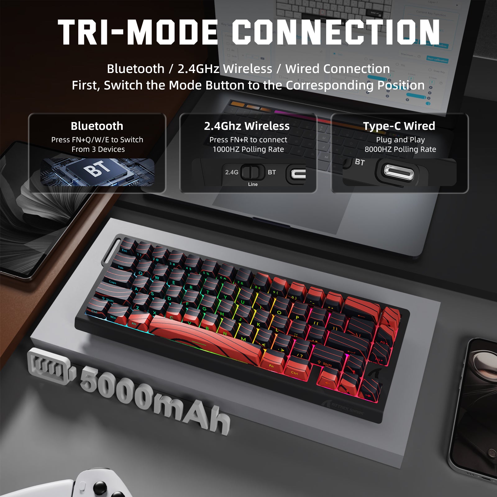 Teclado inalámbrico con gatillo rápido ATTACK SHARK X68PRO HE con interruptor magnético