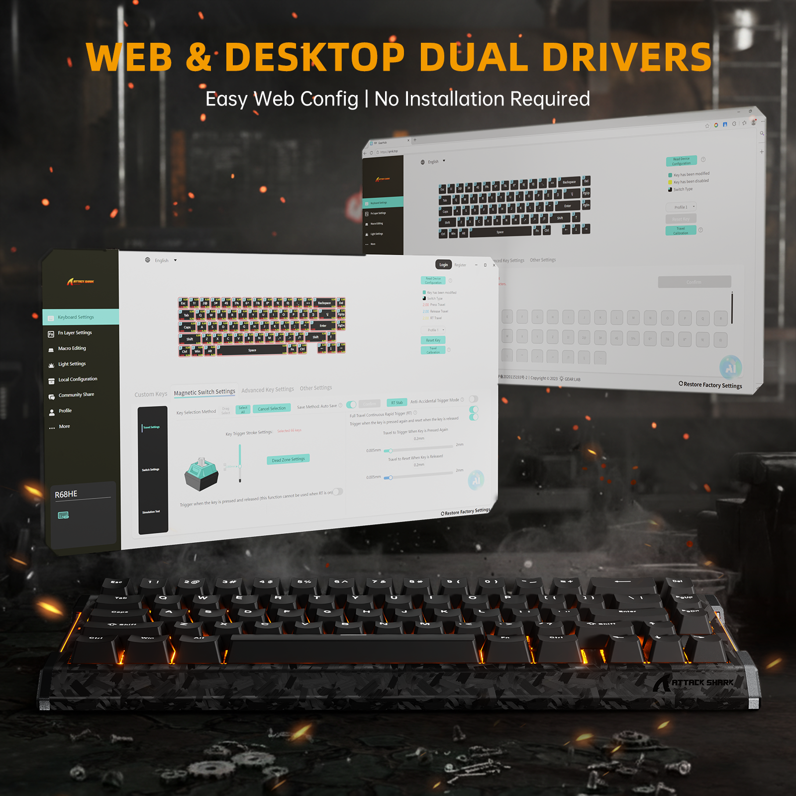 ATTACK SHARK R68 HE Teclado de fibra de carbono con gatillo rápido e interruptor magnético