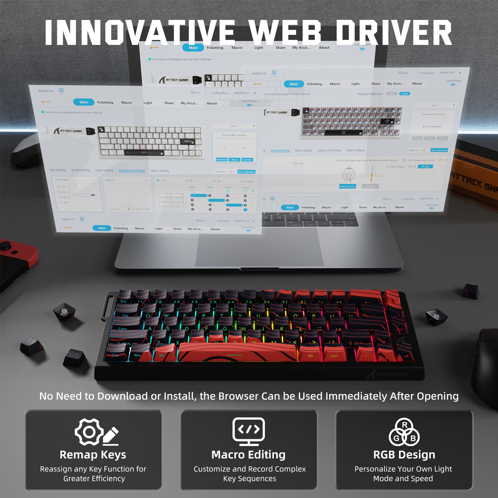 Teclado inalámbrico con gatillo rápido ATTACK SHARK X68PRO HE con interruptor magnético