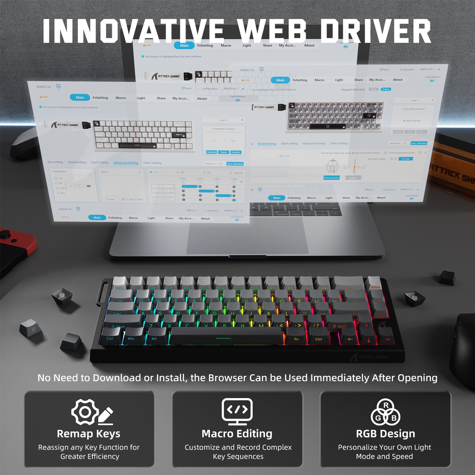 Teclado inalámbrico con gatillo rápido ATTACK SHARK X68PRO HE con interruptor magnético