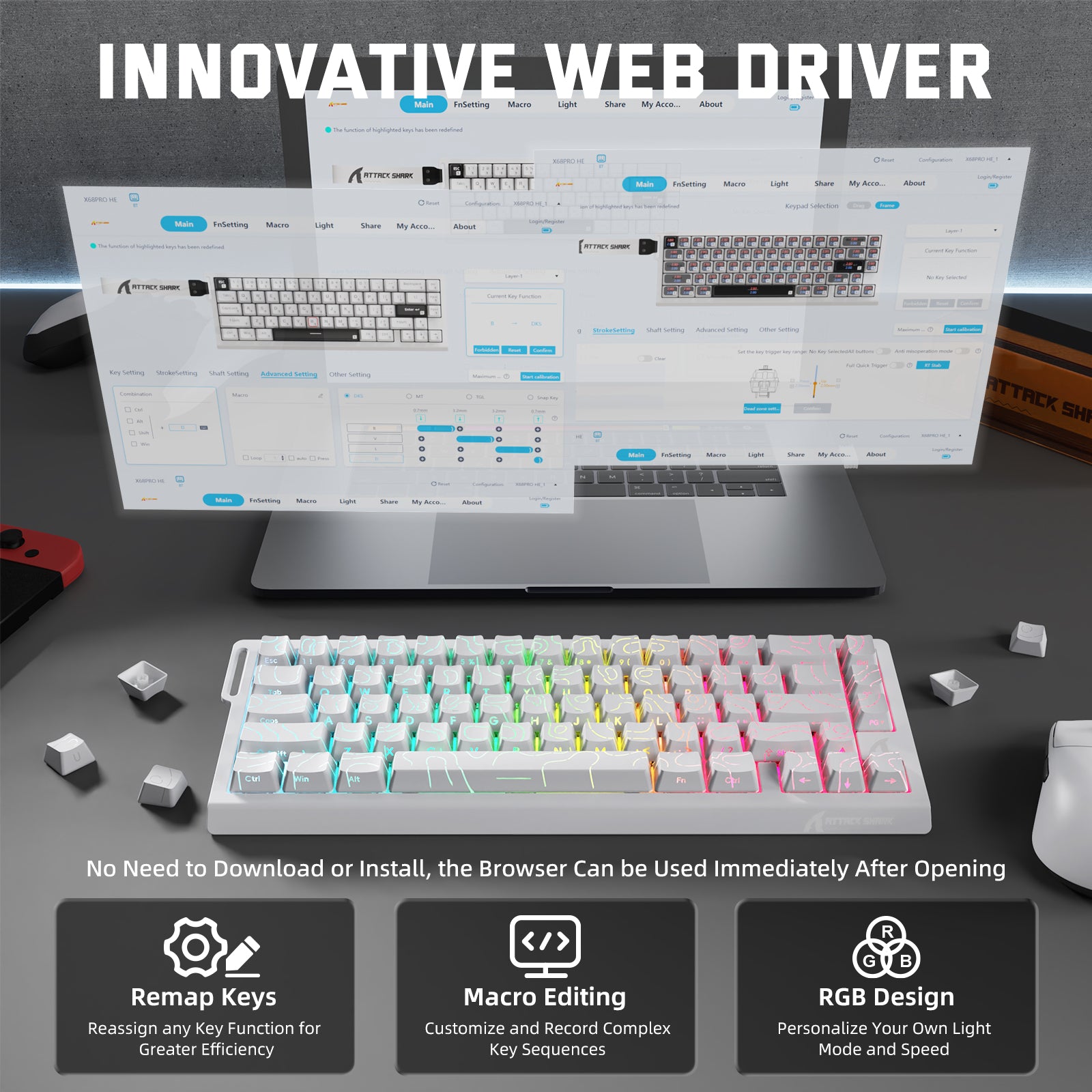 Teclado inalámbrico con gatillo rápido ATTACK SHARK X68PRO HE con interruptor magnético