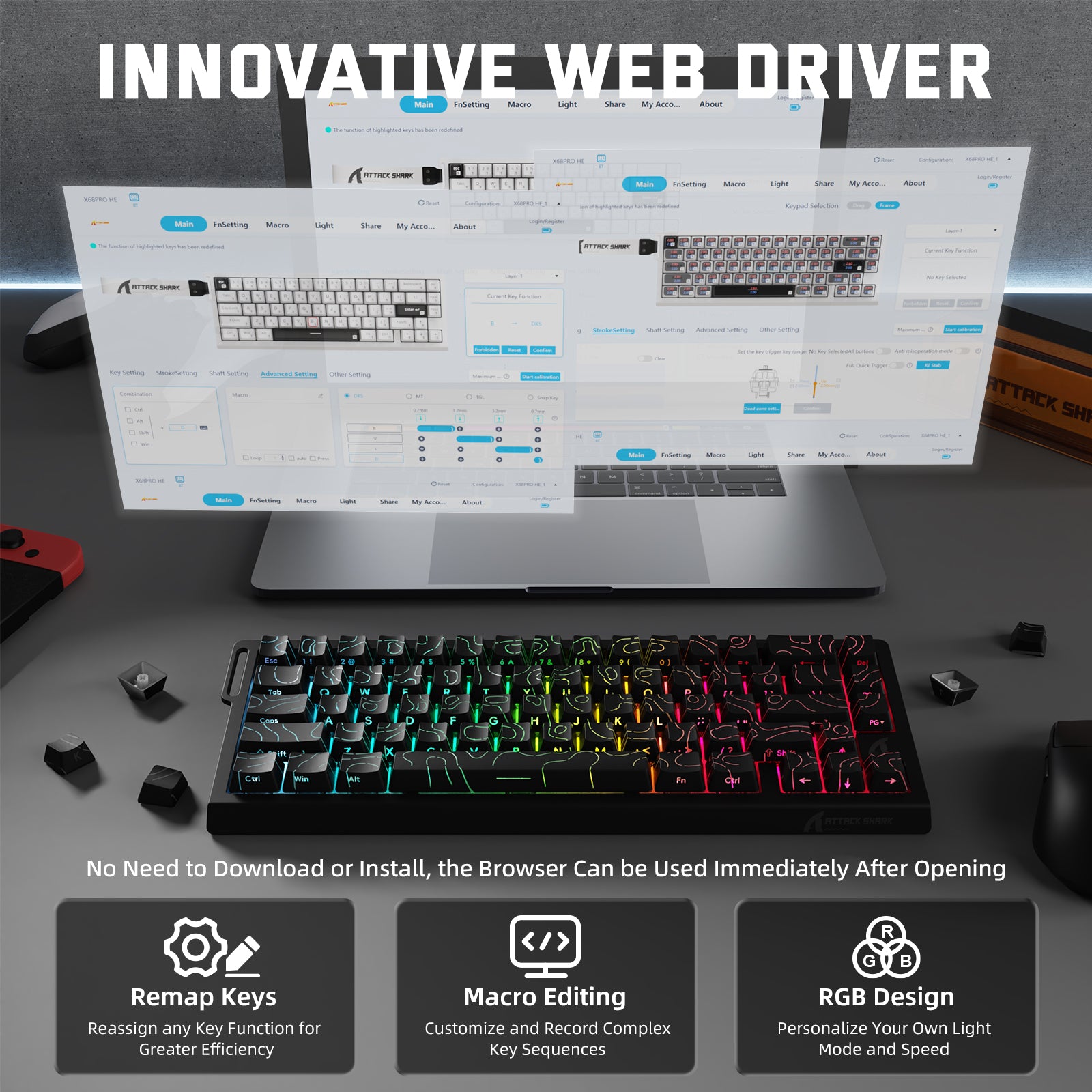 Teclado inalámbrico con gatillo rápido ATTACK SHARK X68PRO HE con interruptor magnético