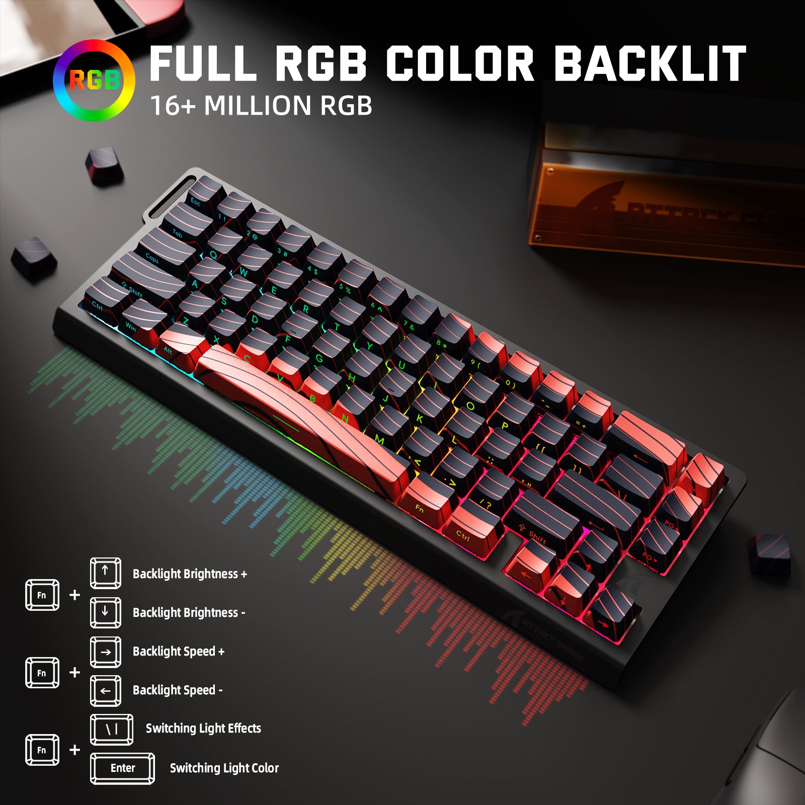 ATTACK SHARK X68PRO HE wireless keyboard with full RGB color backlight and red accents.