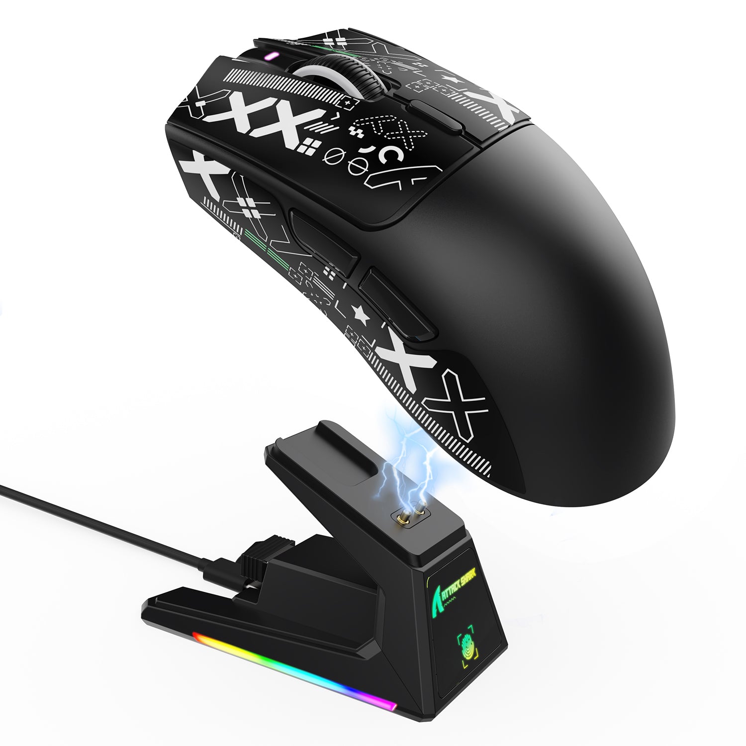 ATTACK SHARK X1 black gaming mouse with charging dock, RGB lighting, and touchpad for versatile gaming