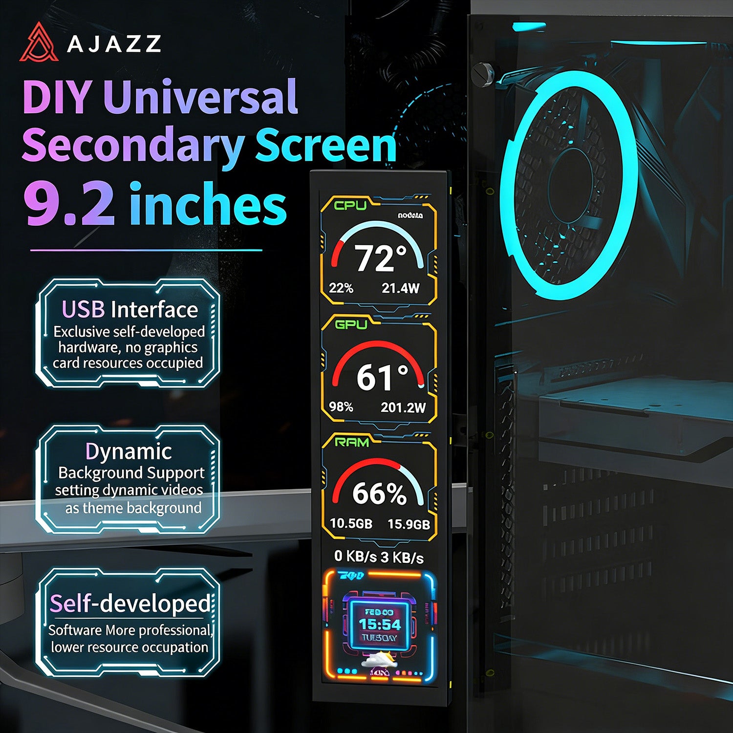 ATTACK SHARK x AJAZZ 9.2-inch IPS LCD secondary monitor for PC stats.