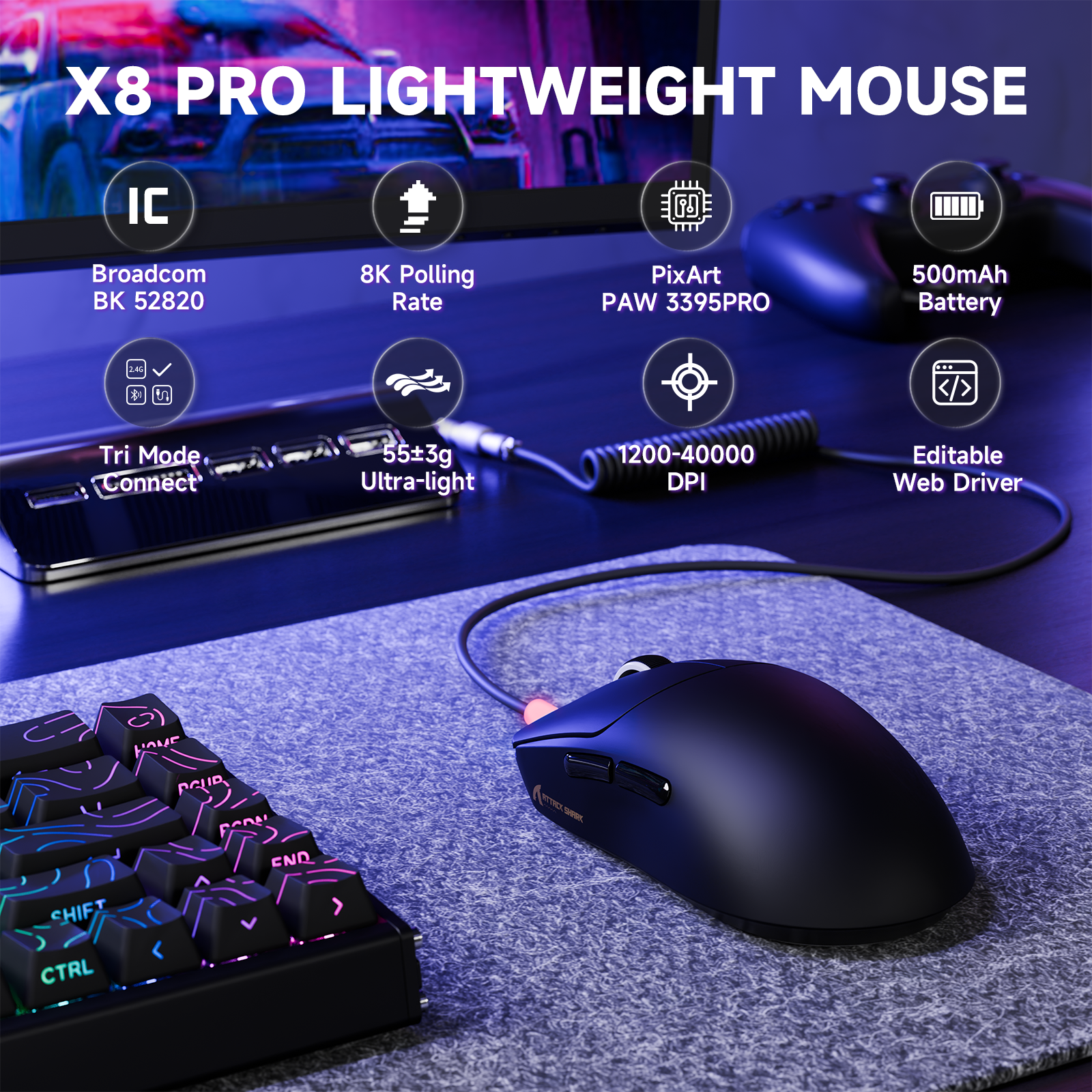 Ratón inalámbrico ultraligero para juegos ATTACK SHARK X8PRO y cable C06ULTRA