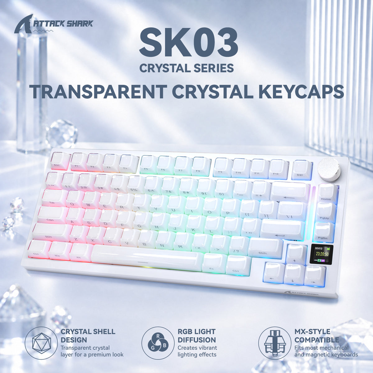 ATTACK SHARK SK03, 136 teclas con teclas de cristal, perfil ASA, ANSI/ISO