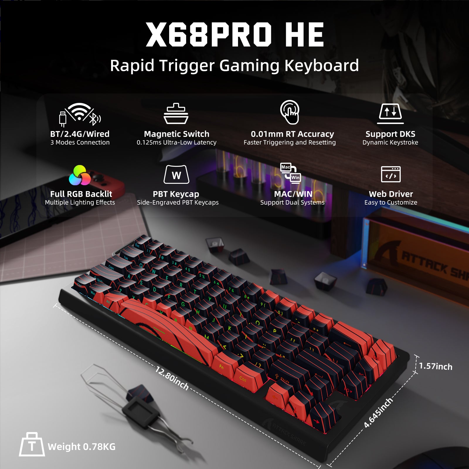 Teclado inalámbrico con gatillo rápido ATTACK SHARK X68PRO HE con interruptor magnético