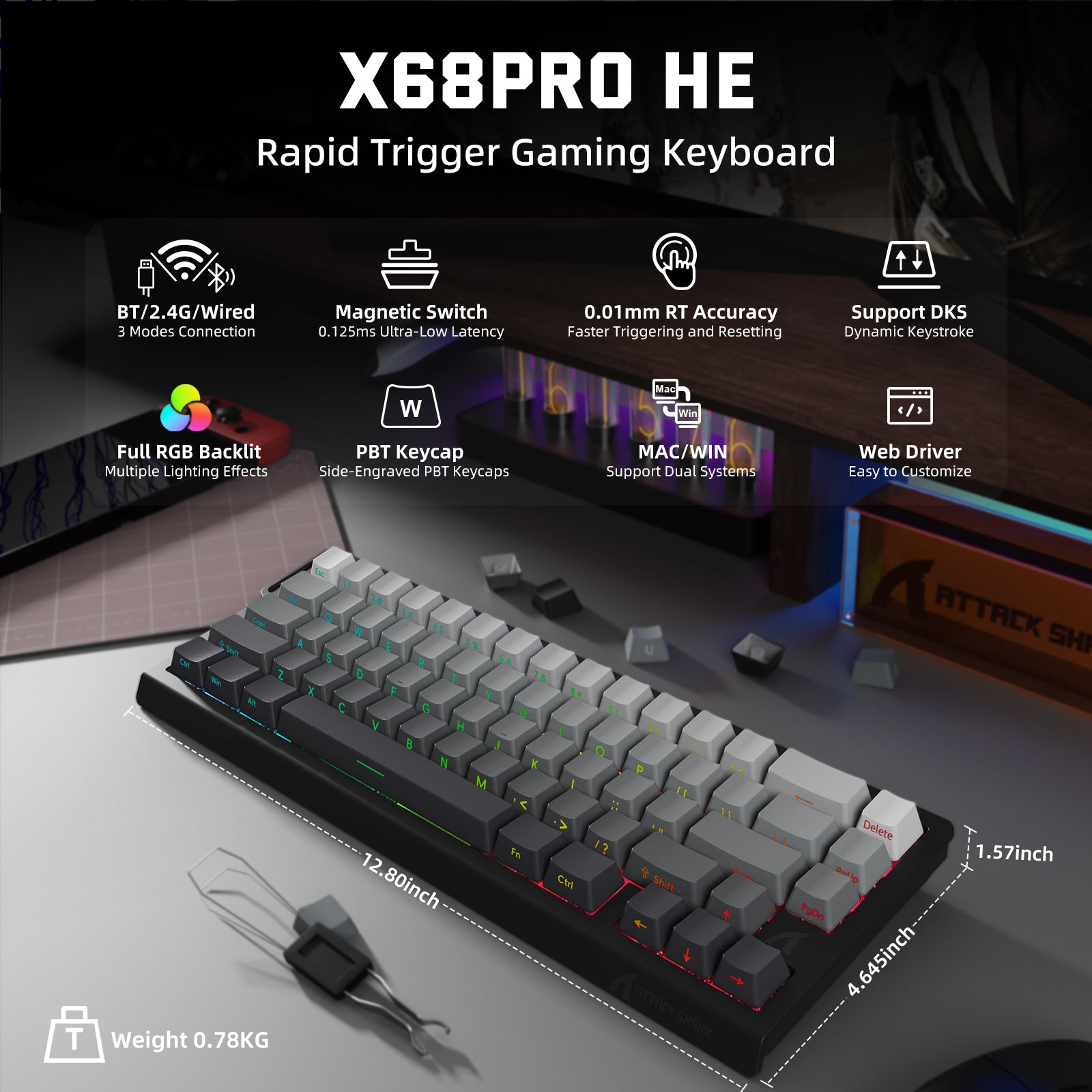 Teclado inalámbrico con gatillo rápido ATTACK SHARK X68PRO HE con interruptor magnético