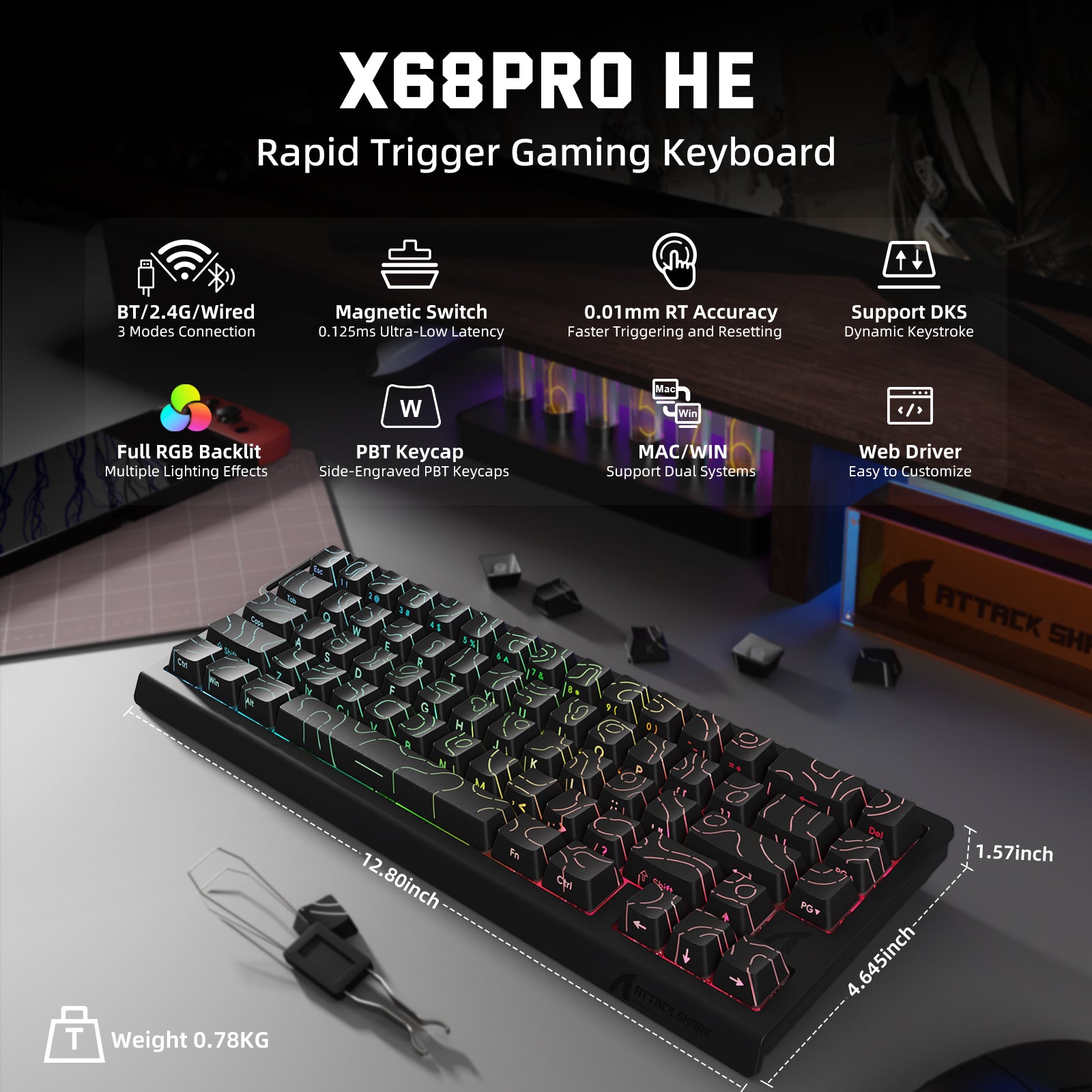 Teclado inalámbrico con gatillo rápido ATTACK SHARK X68PRO HE con interruptor magnético