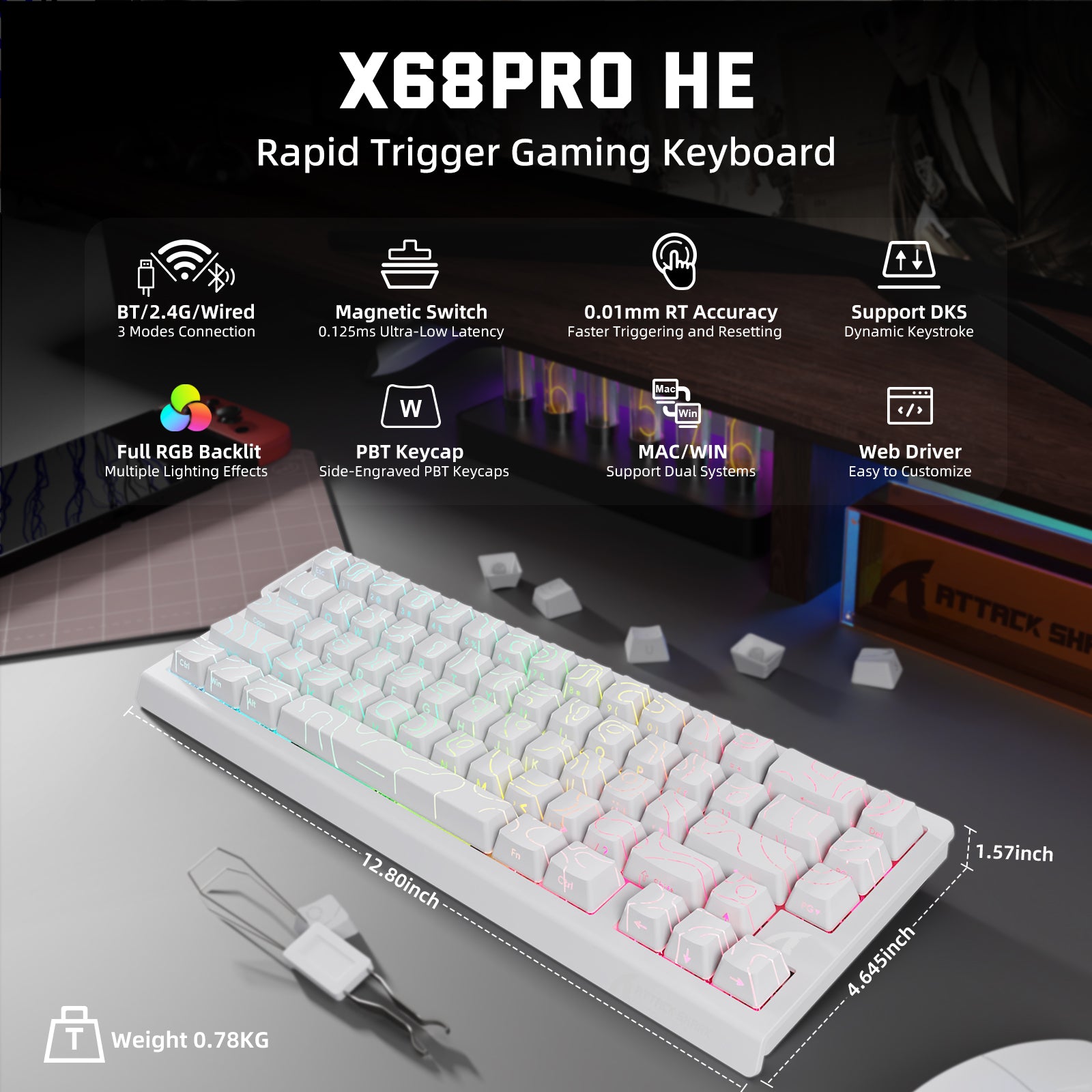 Teclado inalámbrico con gatillo rápido ATTACK SHARK X68PRO HE con interruptor magnético