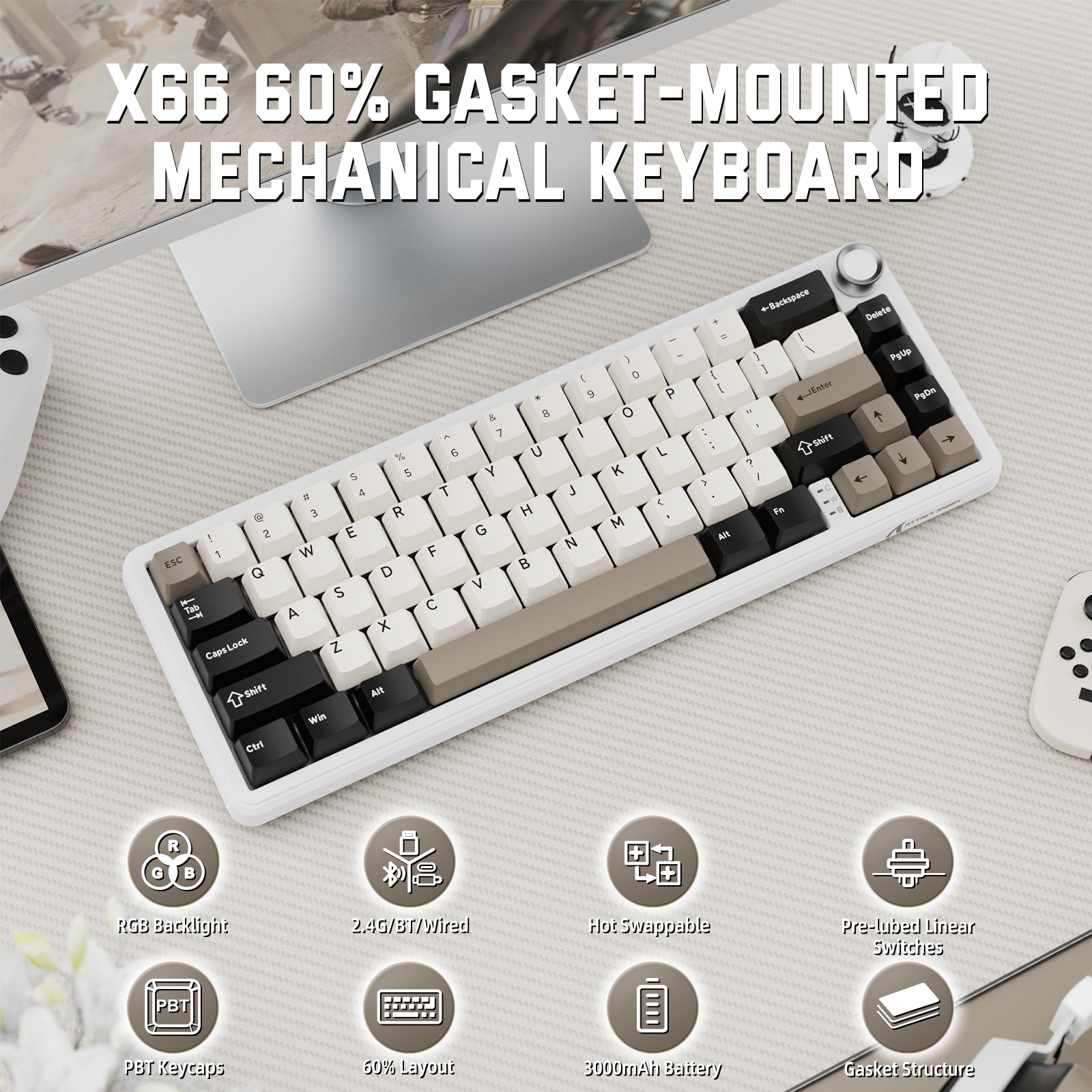 Teclado mecánico inalámbrico ATTACK SHARK X66 con teclas PBT impresas en el lateral