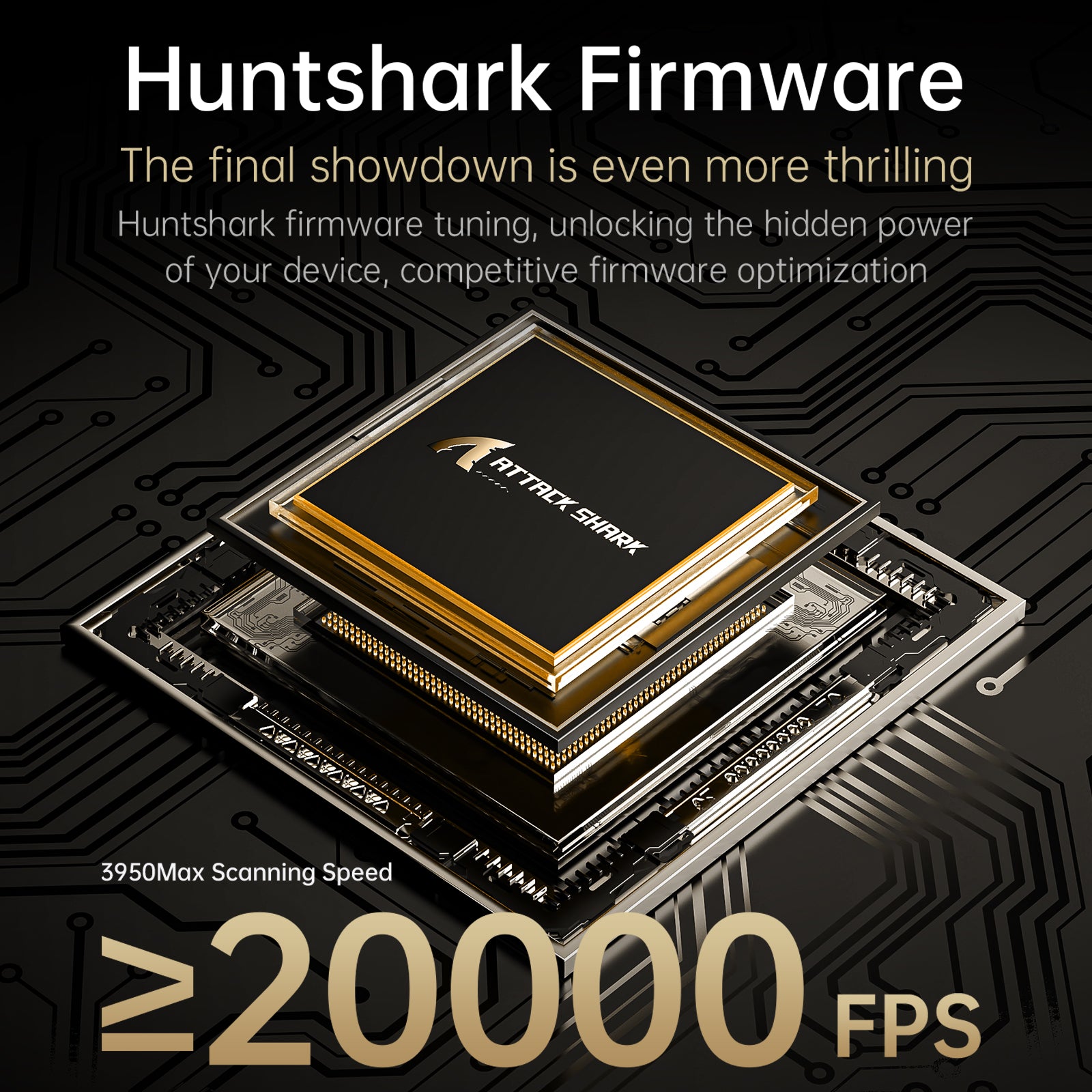 Attack Shark Huntshark firmware graphic for gaming with 20000 FPS scanning speed.