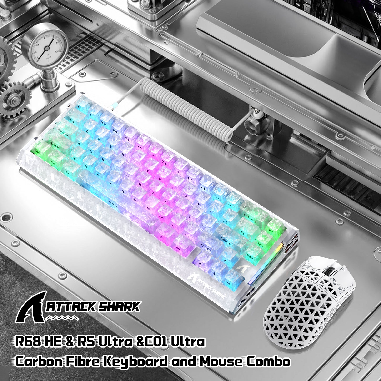 Paquete gaming ATTACK SHARK R68 HE & R5 ULTRA de fibra de carbono con cable en espiral C01 ULTRA