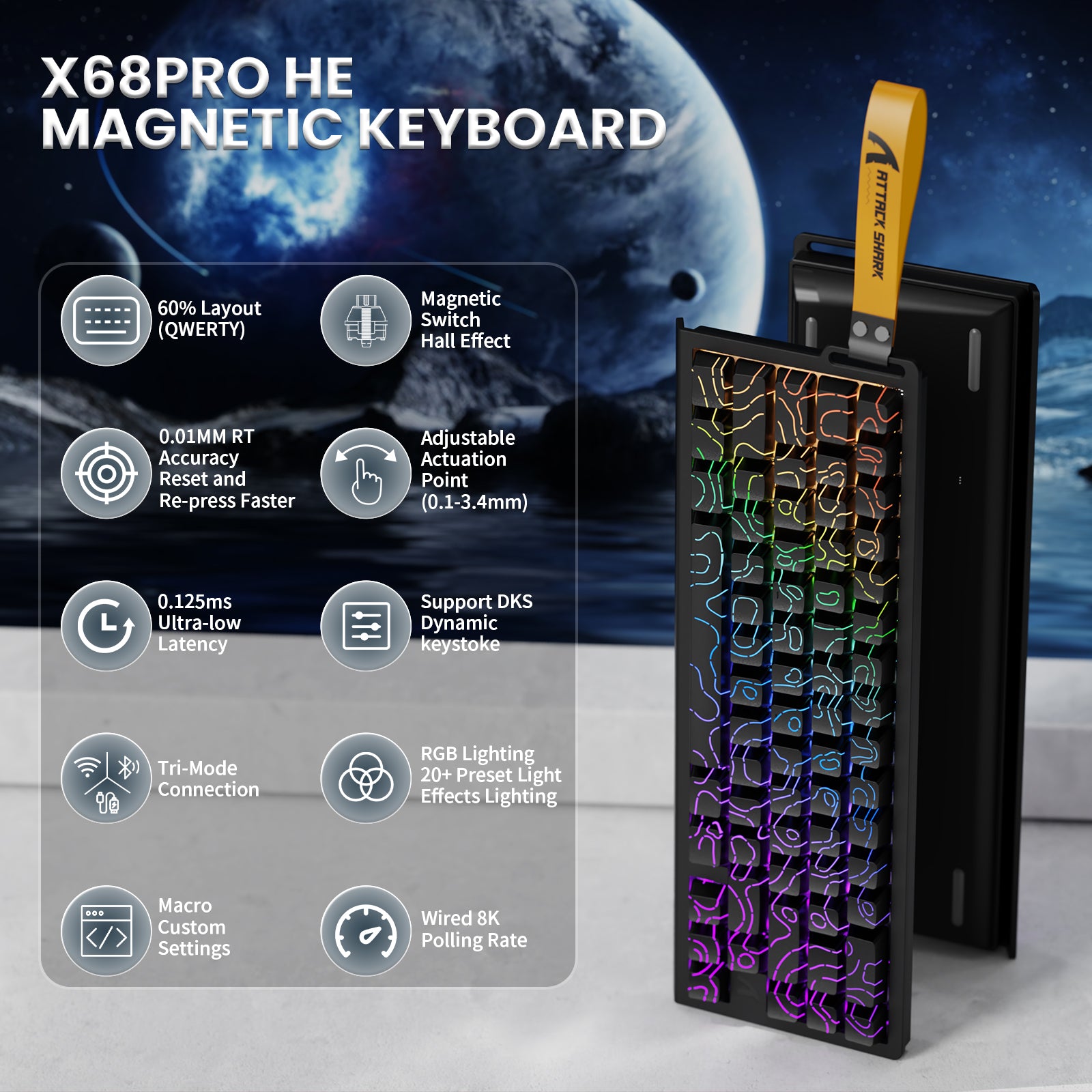 Teclado inalámbrico de activación rápida con cable en espiral ATTACK SHARK X68PRO HE