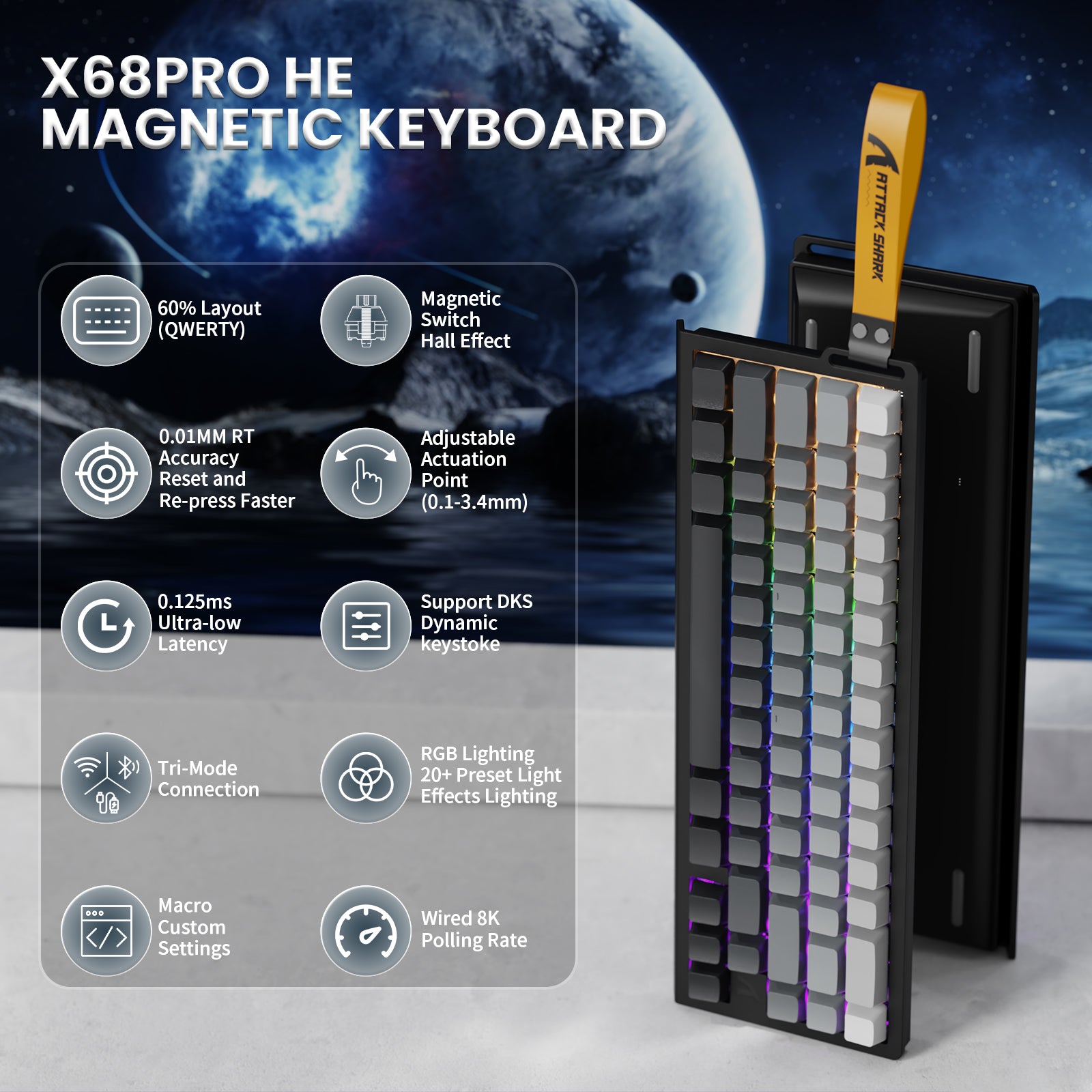 Teclado inalámbrico de activación rápida con cable en espiral ATTACK SHARK X68PRO HE