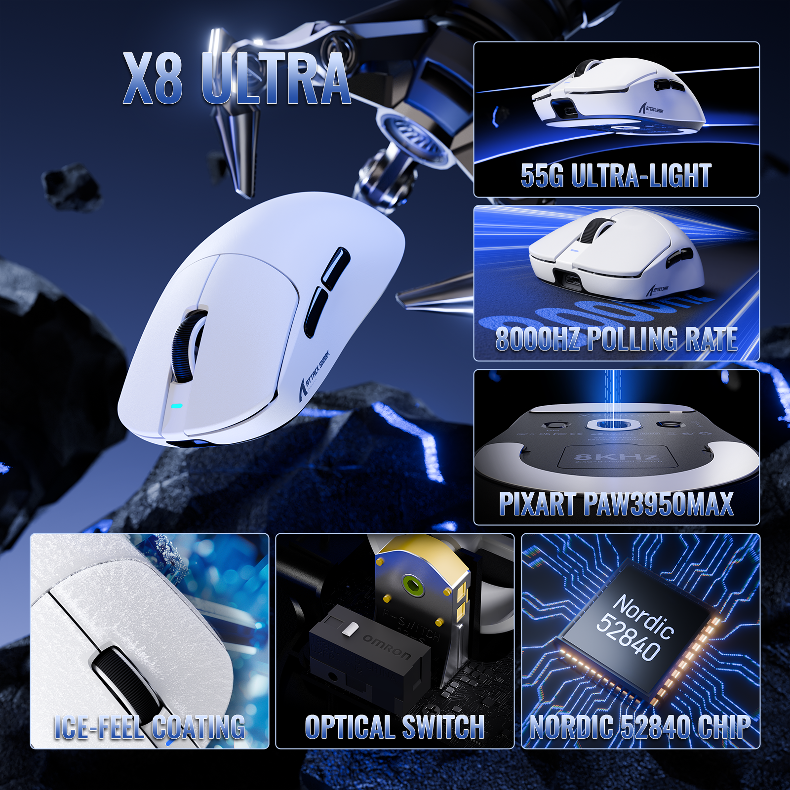 Ratón inalámbrico ligero para juegos ATTACK SHARK X8 Series de tres modos