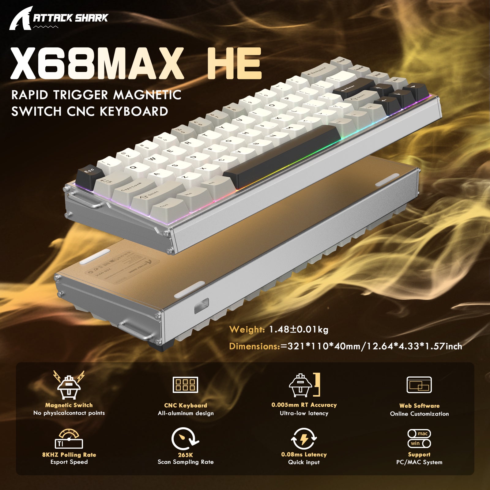 Teclado ATTACK SHARK X68MAX HE de aluminio CNC con interruptor magnético y cable en espiral C01Ultra RGB.