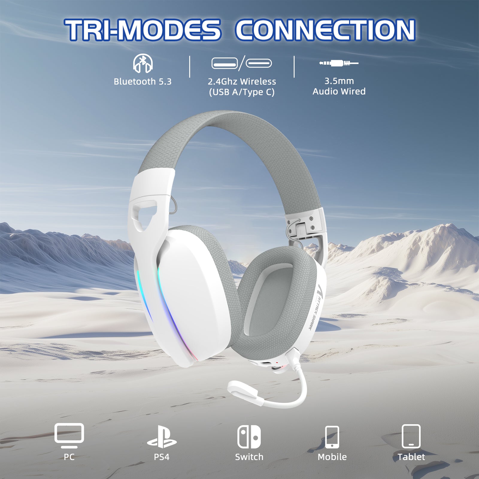 ATTACK SHARK L90 Tri-Mode Gaming Headset with white and gray design, 3 connection modes: Bluetooth, 2.4Ghz, and 3.5mm.