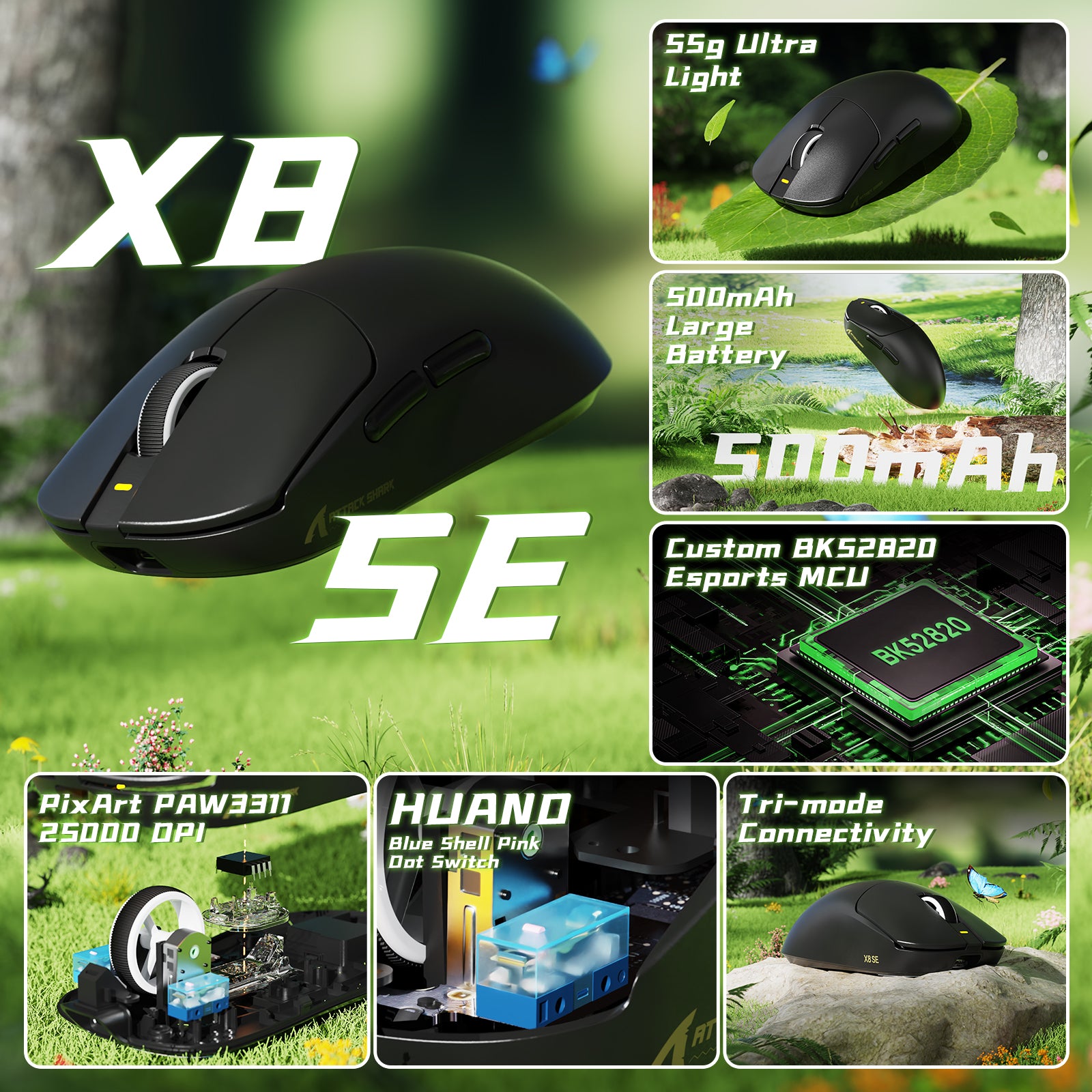Ratón inalámbrico para juegos ATTACK SHARK X8SE de tres modos, ultraligero, de 25 000 DPI