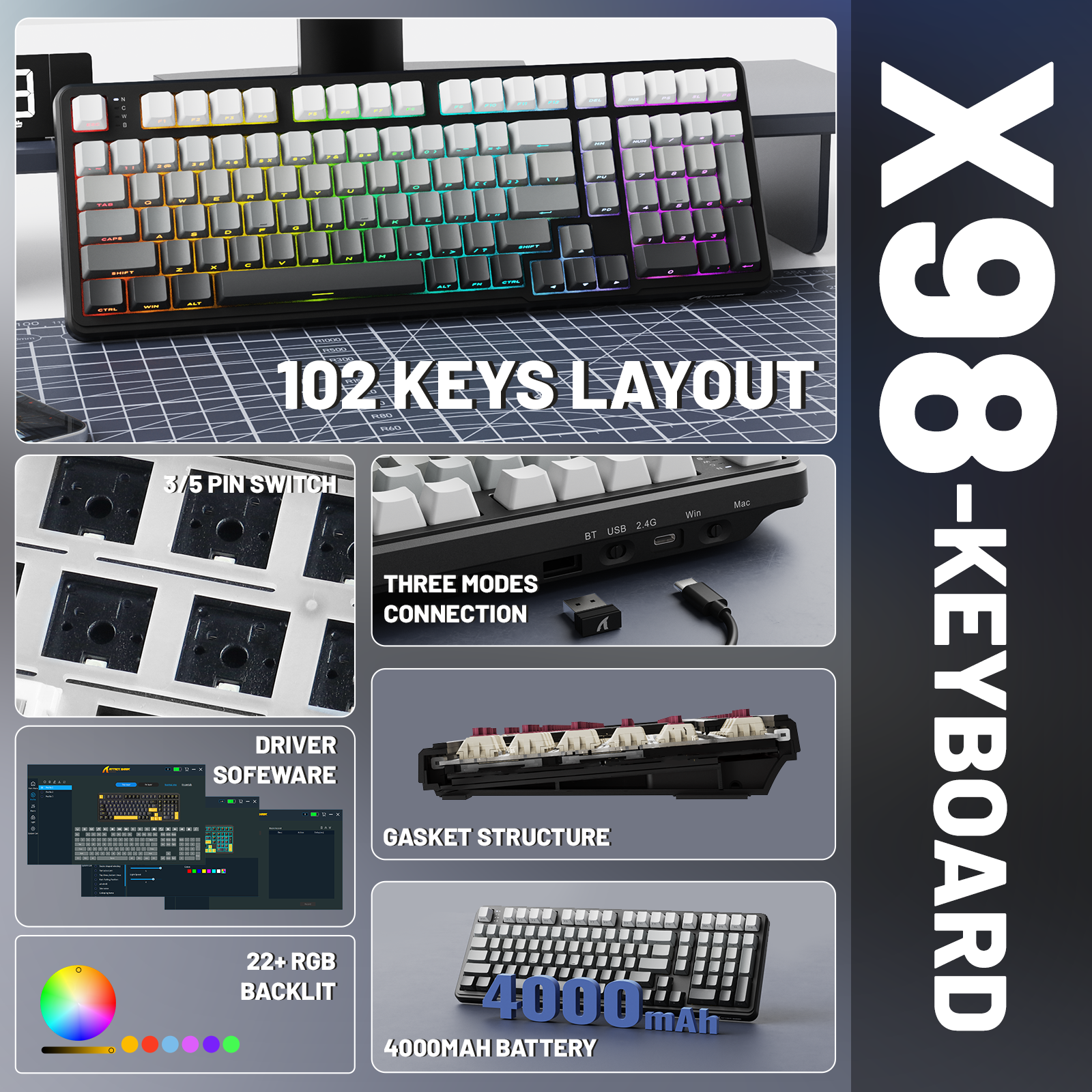Teclado mecánico inalámbrico de tamaño completo ATTACK SHARK X98