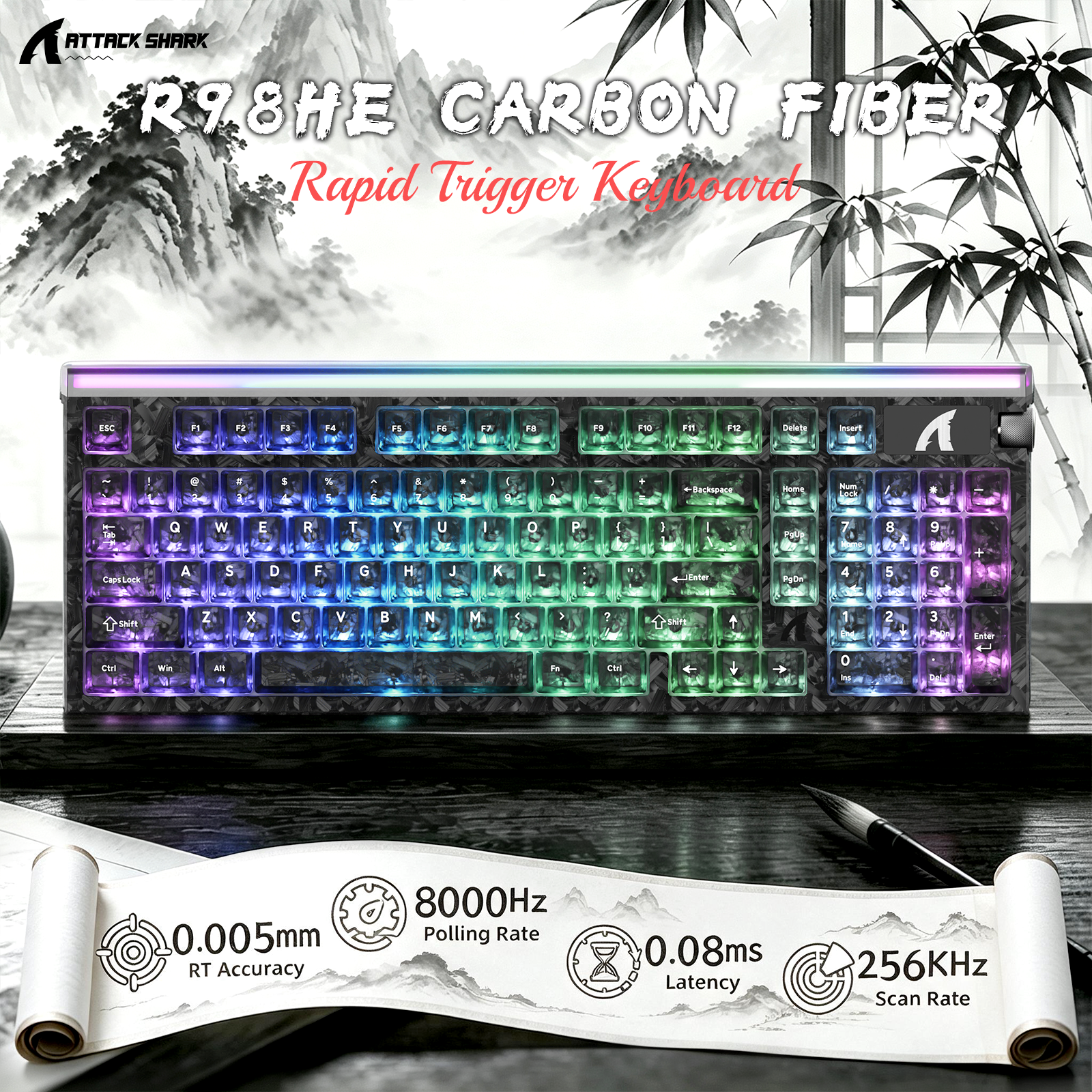 Teclado con cable ATTACK SHARK R98 HE de fibra de carbono, gatillo rápido, interruptor magnético y cable en espiral C01 Ultra RGB
