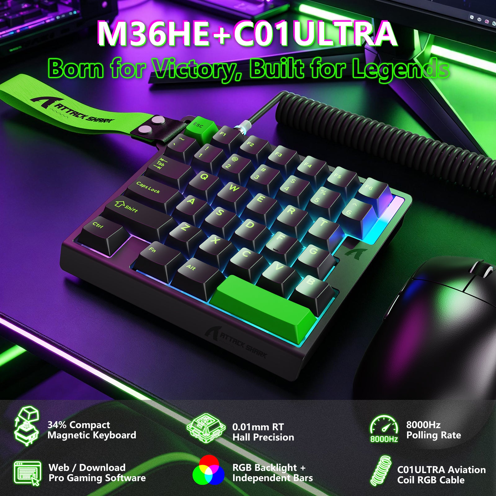 Teclado con interruptor magnético de una mano ATTACK SHARK M36 HE y cable aviador LED ULTRA C01
