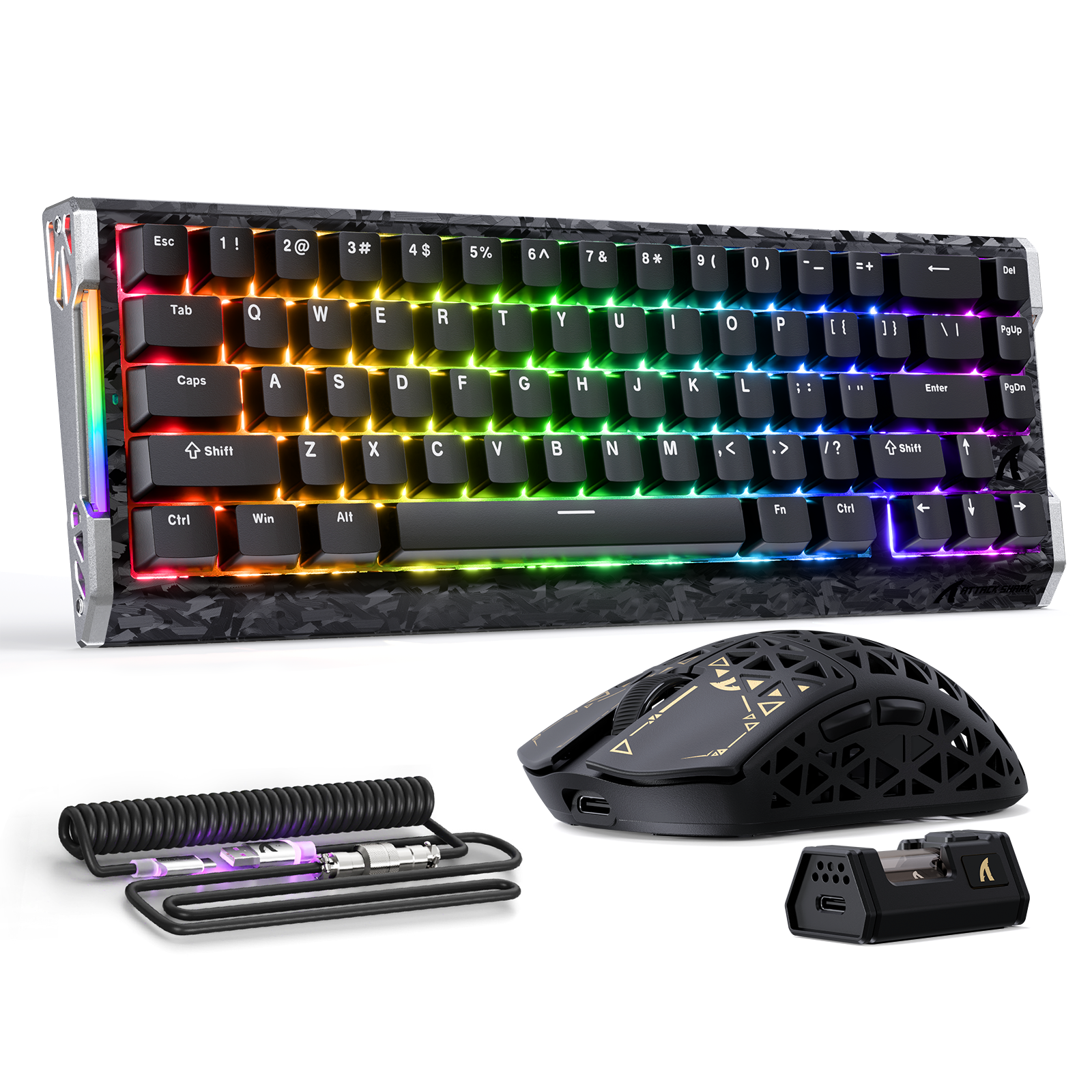 Carbon fiber 60% gaming keyboard with RGB lighting, wireless mouse, coiled USB-C cable, and charging dock