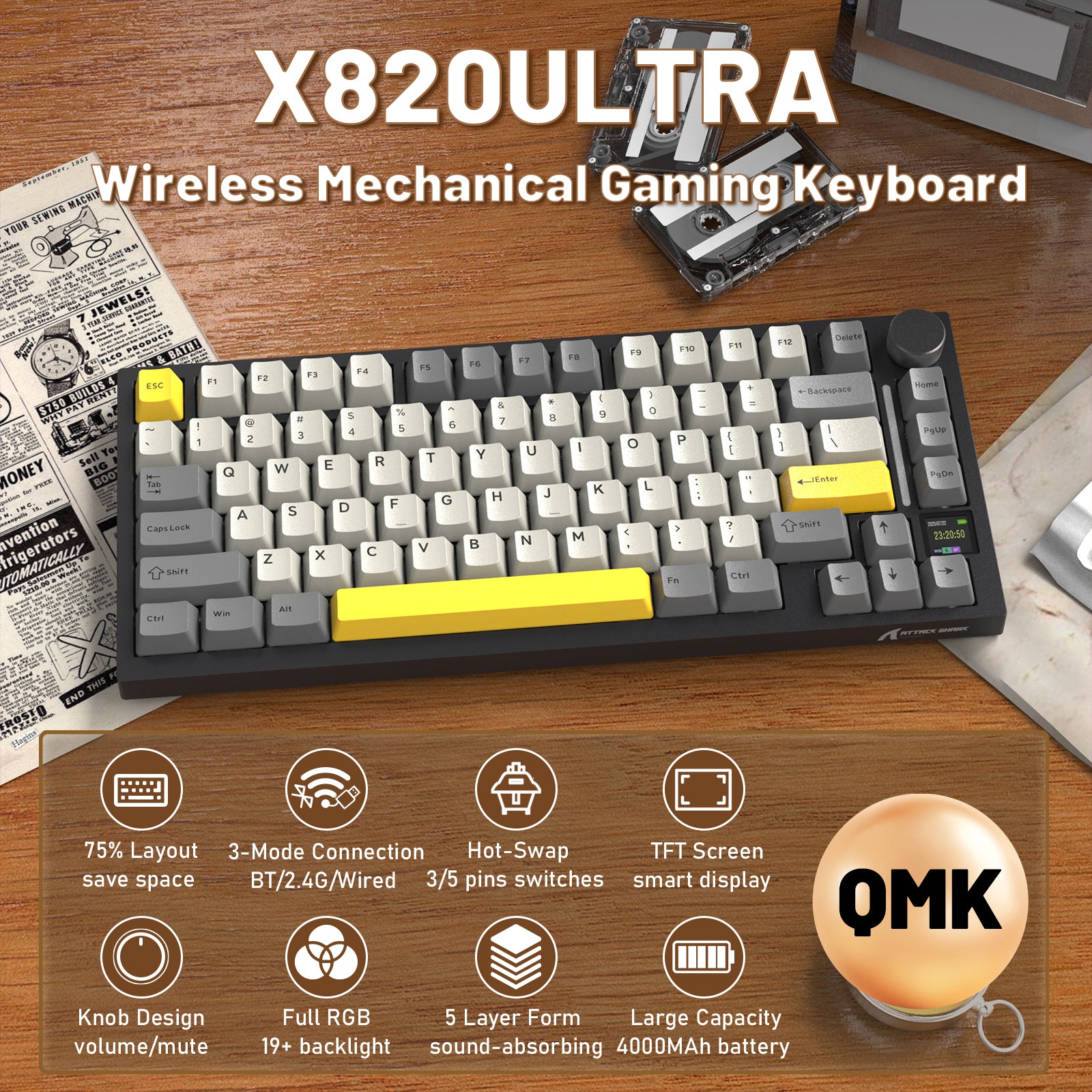 Teclado mecánico ATTACK SHARK X820ULTRA con cable en espiral C01ULTRA
