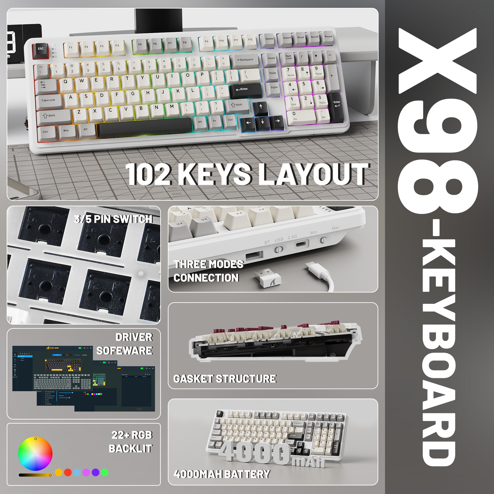 Teclado mecánico inalámbrico de tamaño completo ATTACK SHARK X98