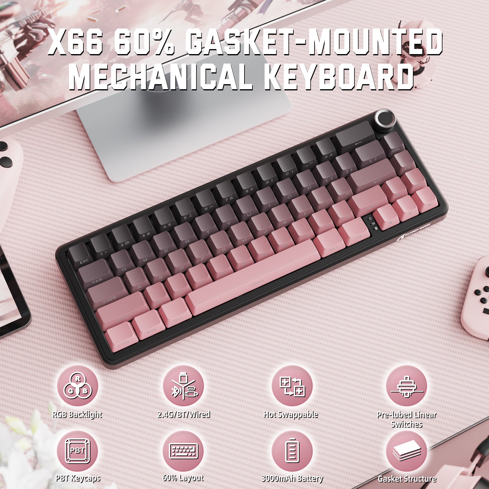 Teclado mecánico inalámbrico ATTACK SHARK X66 con teclas PBT impresas en el lateral