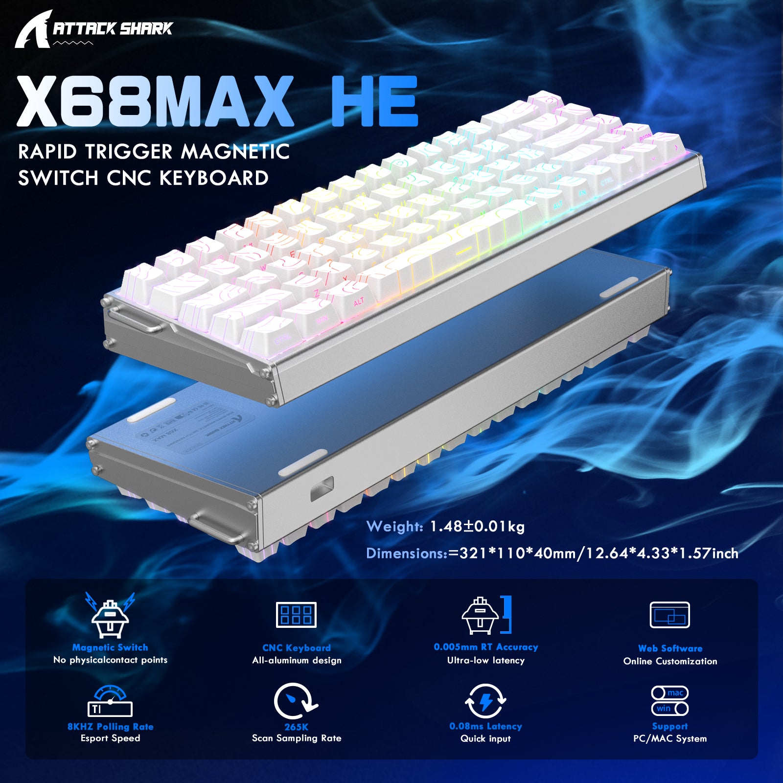 Teclado ATTACK SHARK X68MAX HE de aluminio CNC con interruptor magnético y cable en espiral C01Ultra RGB.
