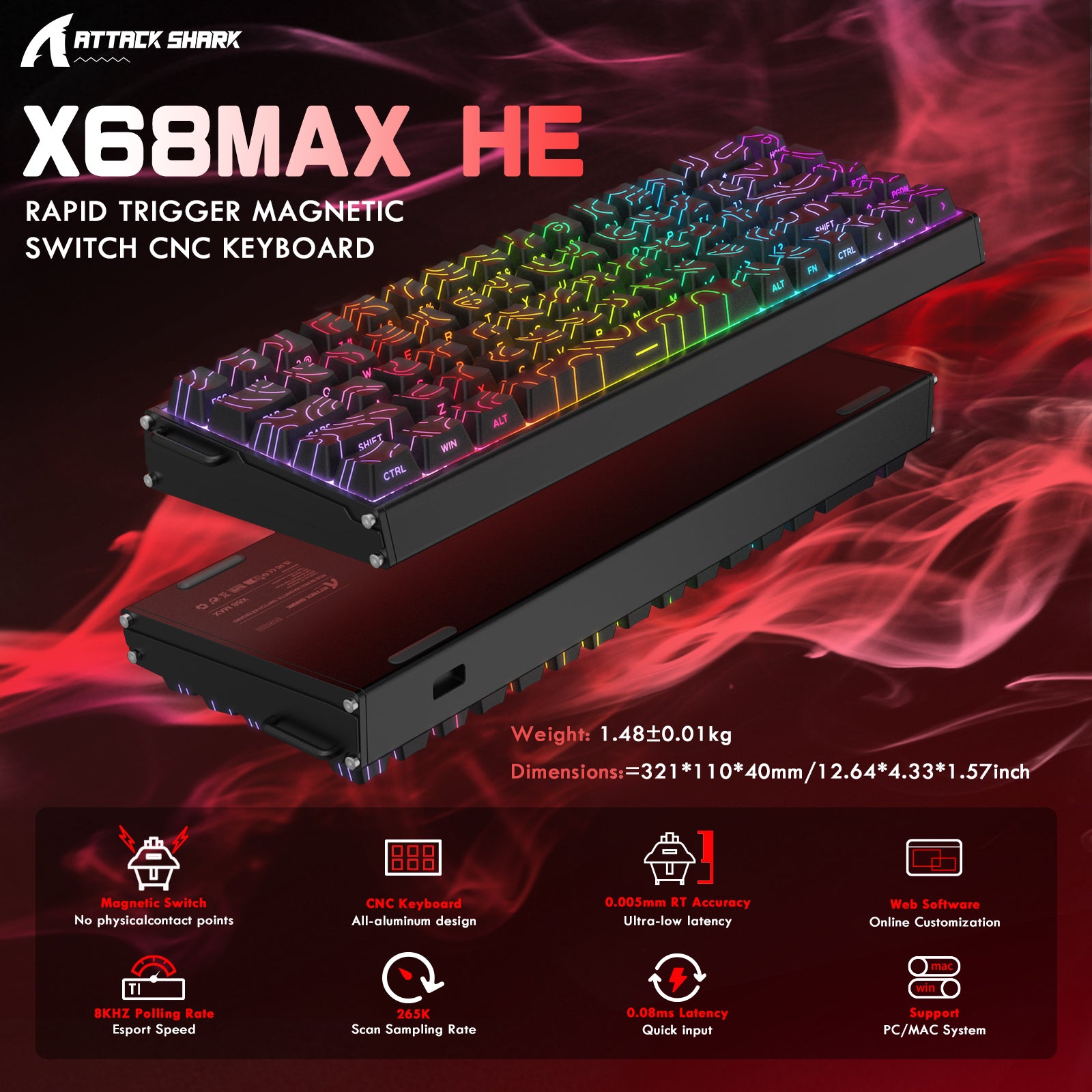 Teclado ATTACK SHARK X68MAX HE de aluminio CNC con interruptor magnético y cable en espiral C01Ultra RGB.