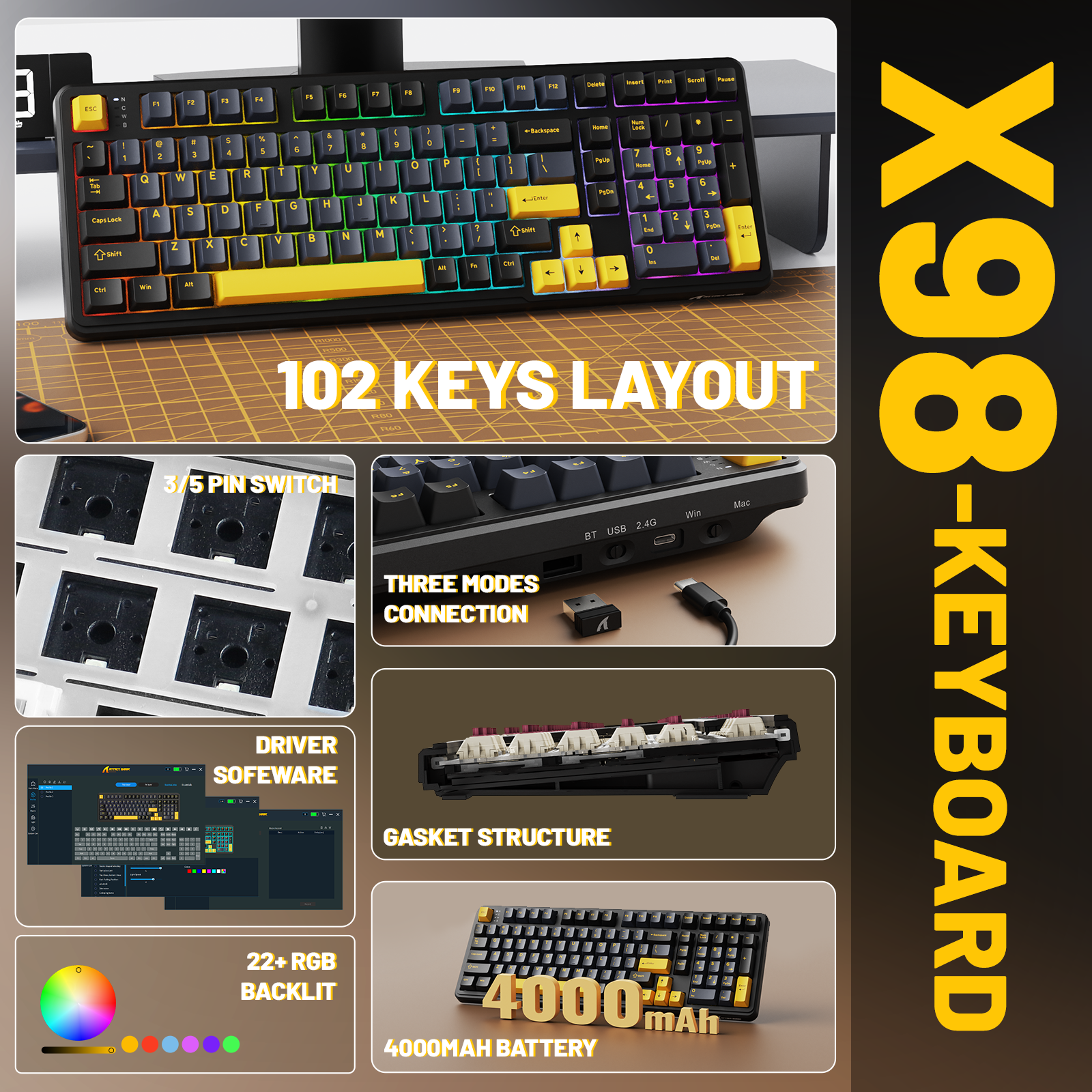 Teclado mecánico inalámbrico de tamaño completo ATTACK SHARK X98