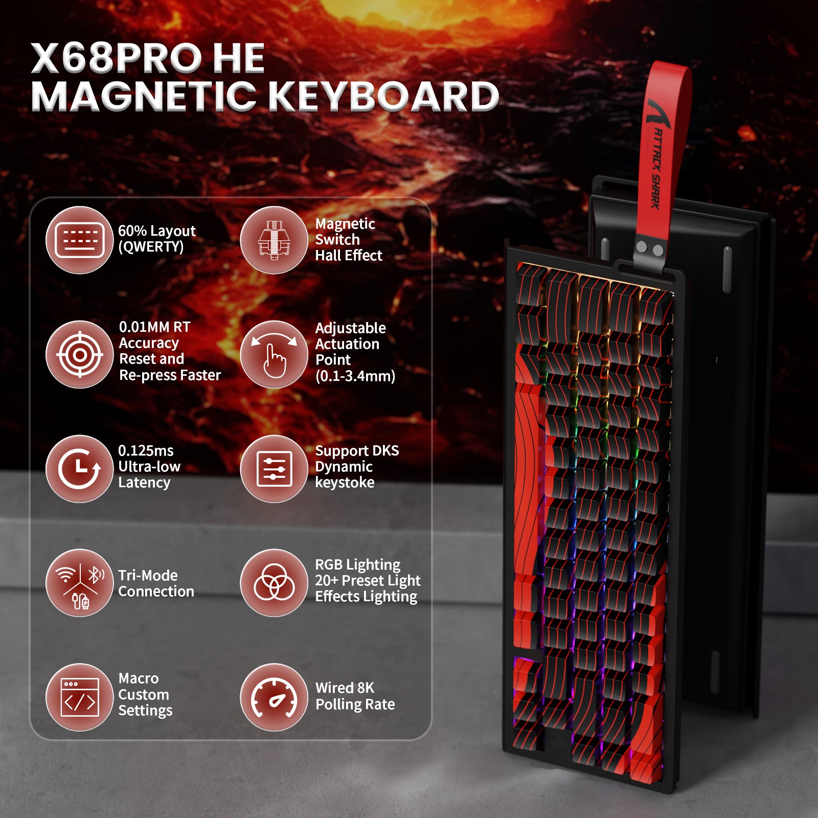 Teclado inalámbrico de activación rápida con cable en espiral ATTACK SHARK X68PRO HE