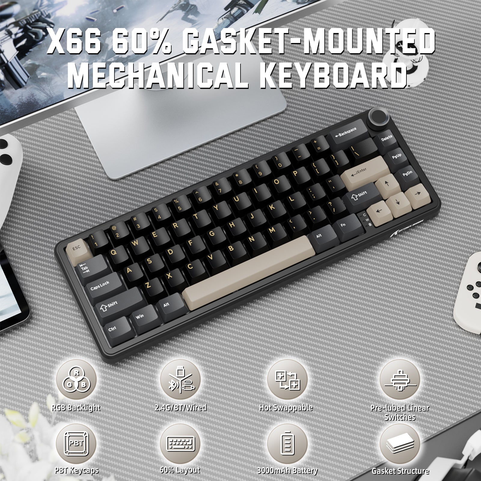 Teclado mecánico inalámbrico ATTACK SHARK X66 con teclas PBT impresas en el lateral