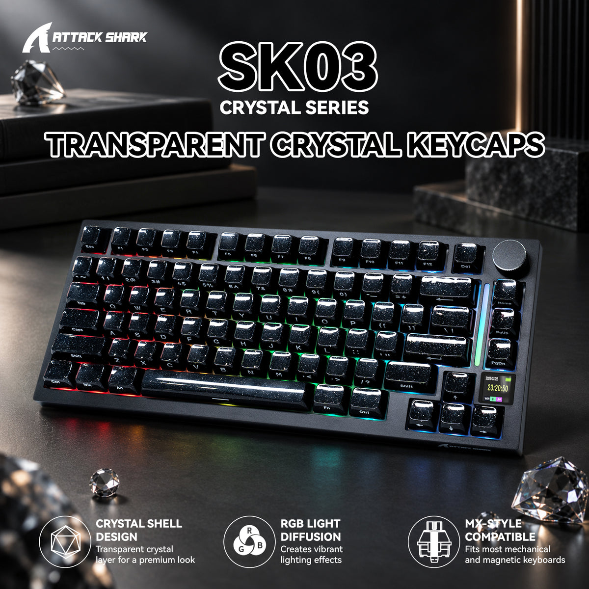 ATTACK SHARK SK03, 136 teclas con teclas de cristal, perfil ASA, ANSI/ISO