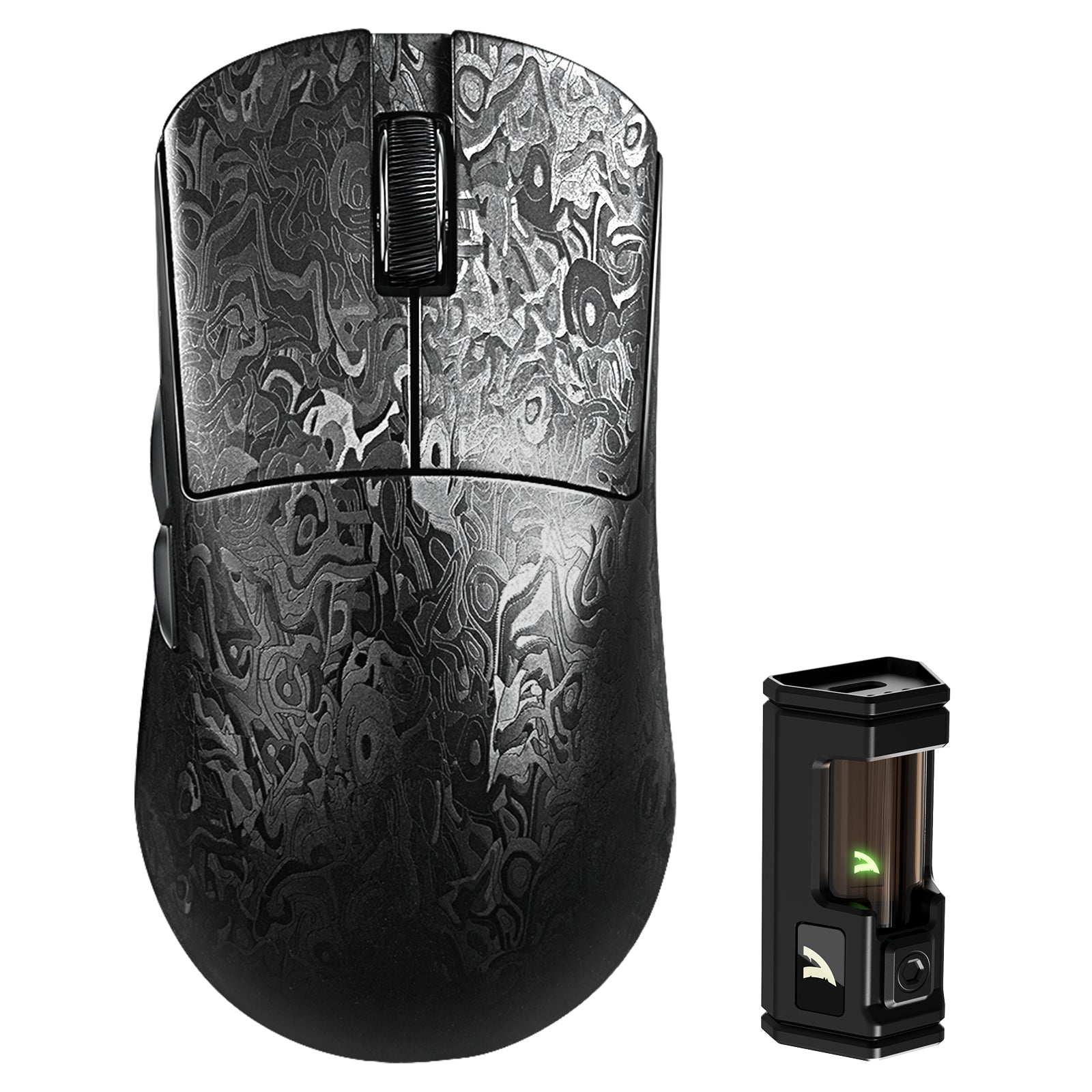 ATTACK SHARK R11 ULTRA carbon fiber gaming mouse with intricate pattern & dock.