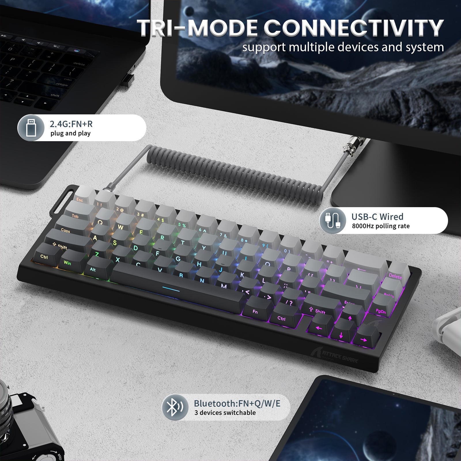 Teclado inalámbrico de activación rápida con cable en espiral ATTACK SHARK X68PRO HE