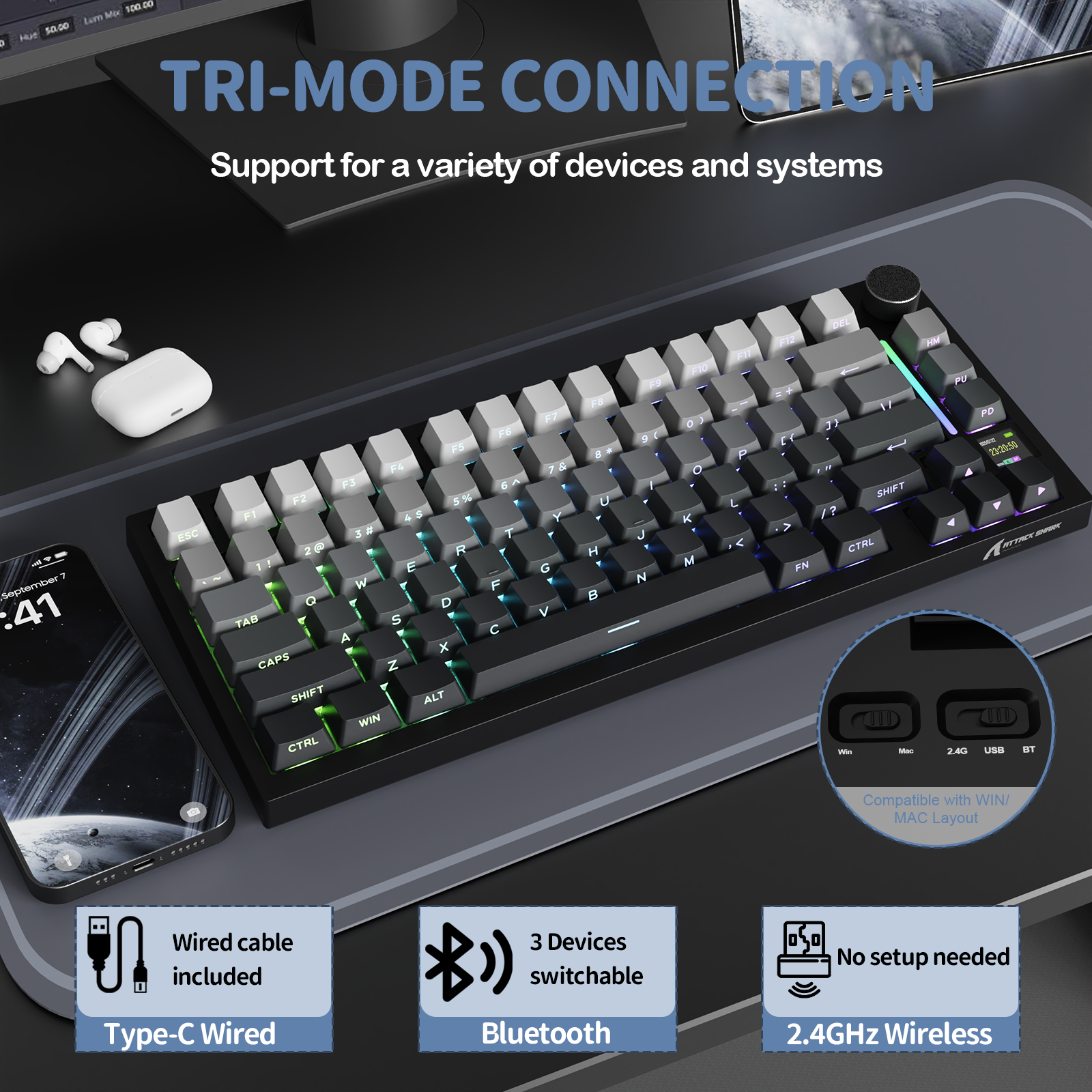 Teclado mecánico ultra trimodo ATTACK SHARK X820 con junta