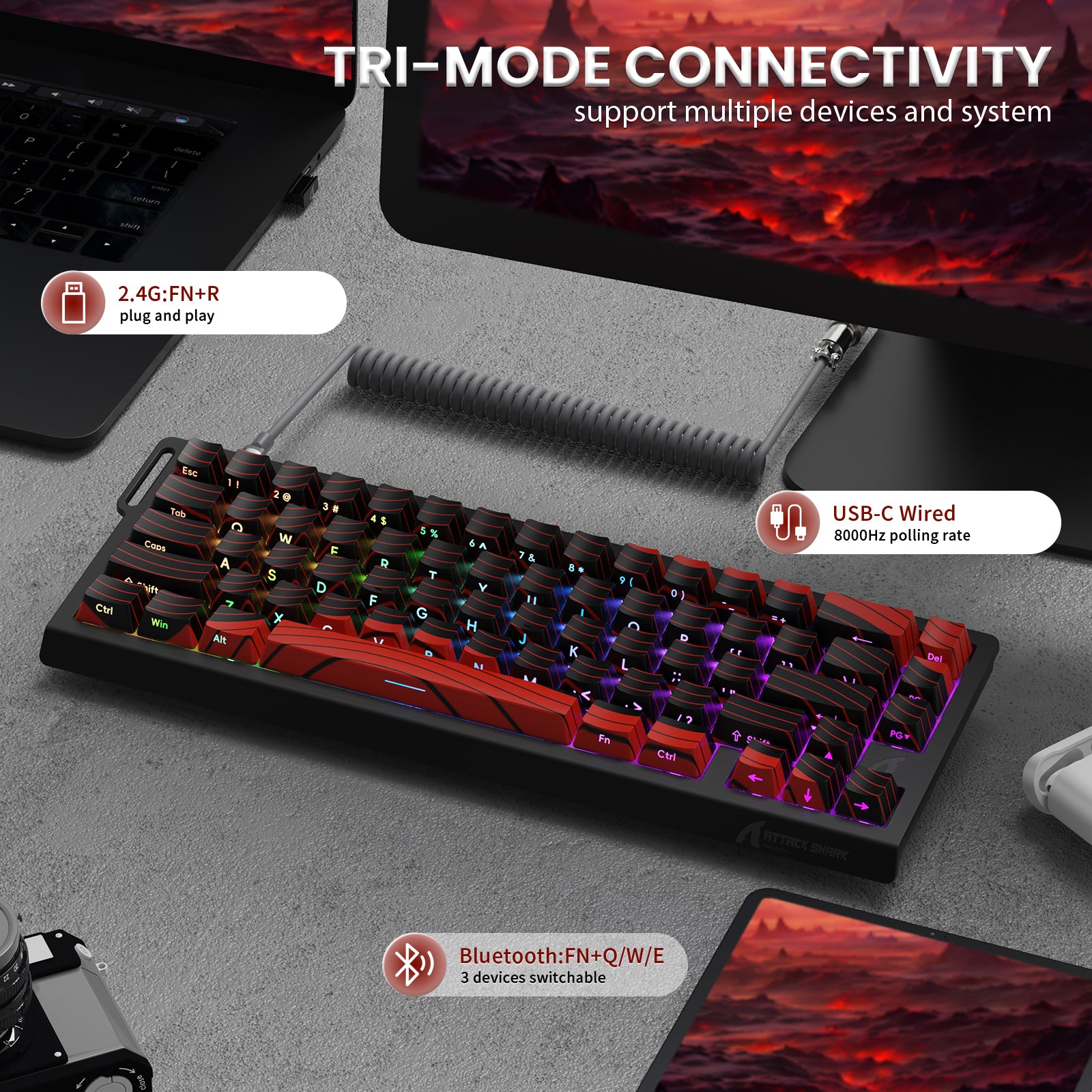 Teclado inalámbrico de activación rápida con cable en espiral ATTACK SHARK X68PRO HE