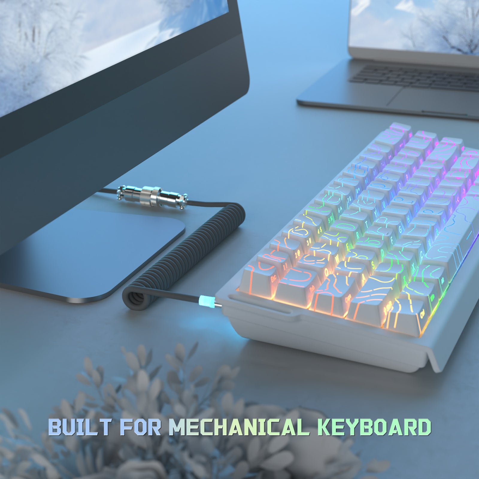 White mechanical keyboard with coiled cable, Built for Mechanical Keyboard, supporting fast charging