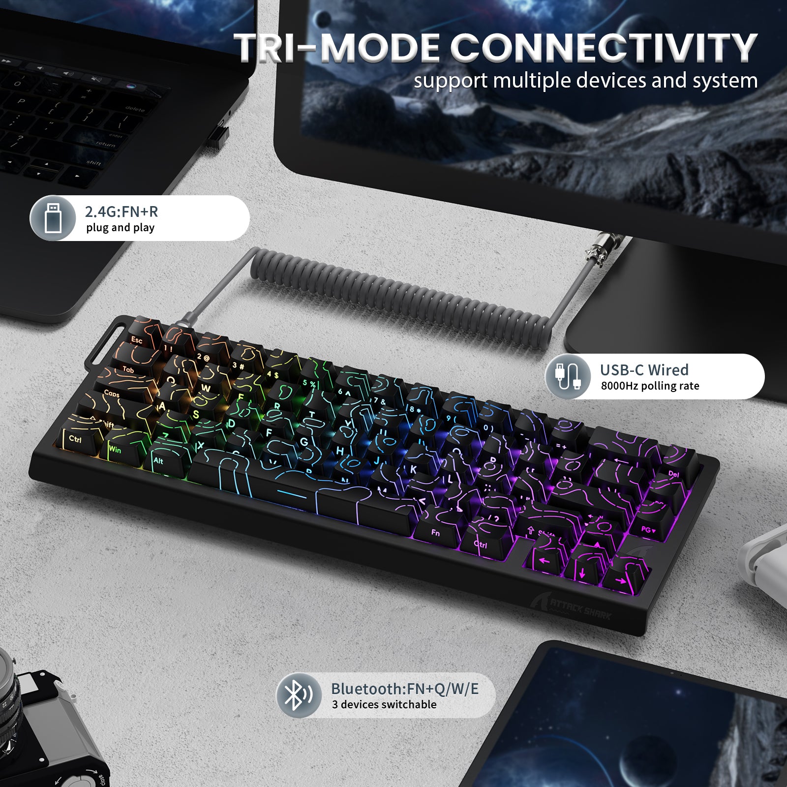 Teclado inalámbrico de activación rápida con cable en espiral ATTACK SHARK X68PRO HE