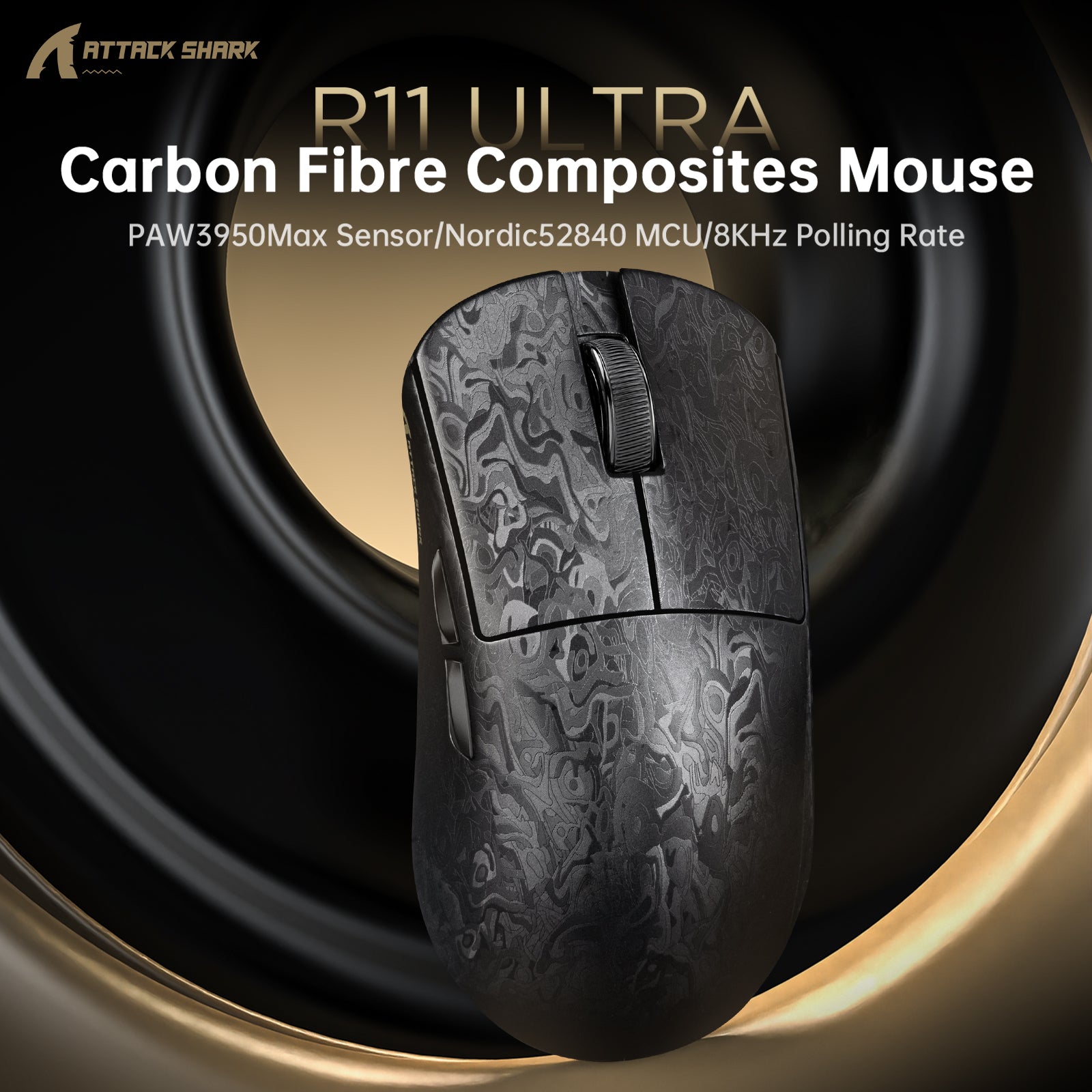 ATTACK SHARK R11 ULTRA gaming mouse with patterned carbon fiber finish.