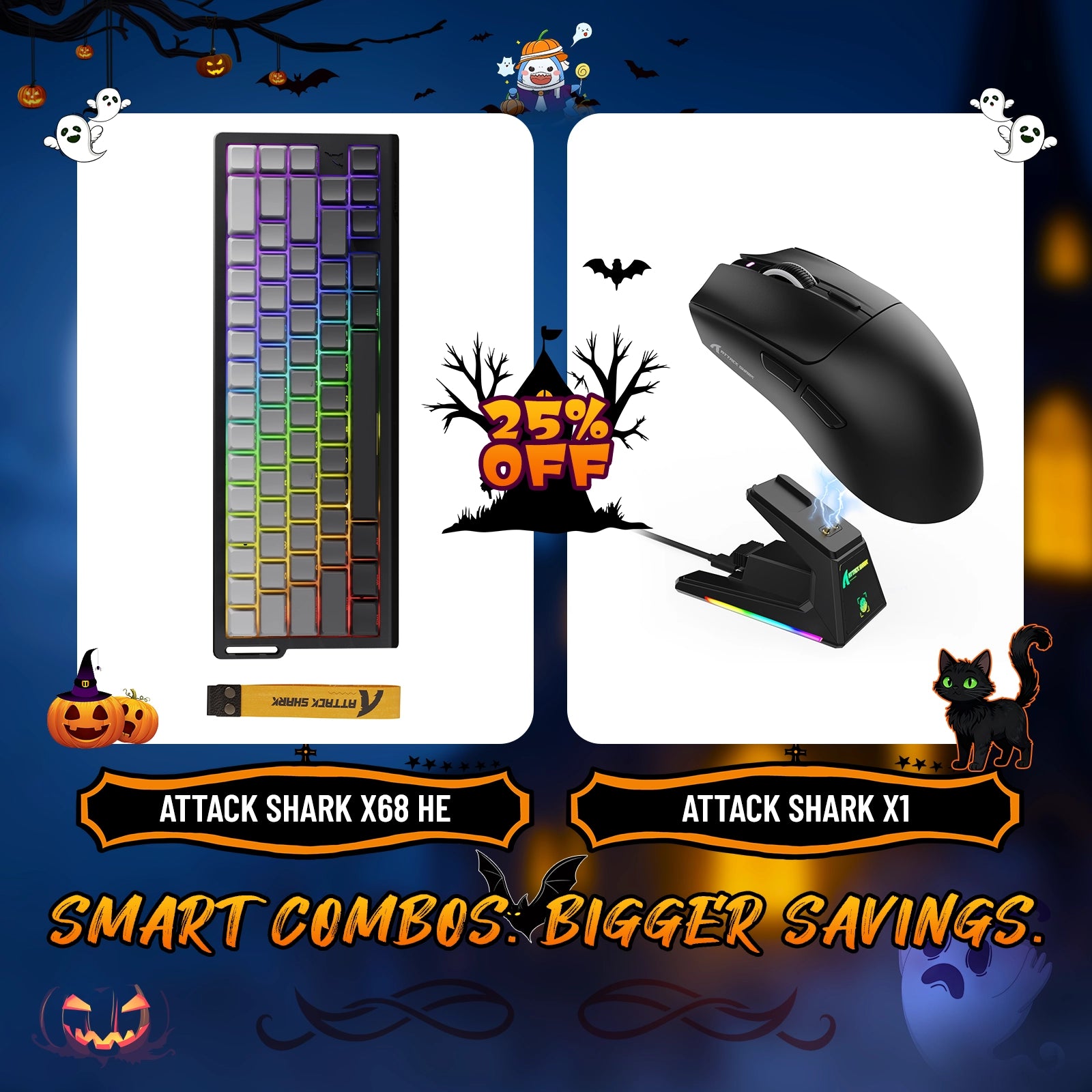 Paquete de teclado de disparo rápido ATTACK SHARK X68HE + ratón inalámbrico para juegos X1