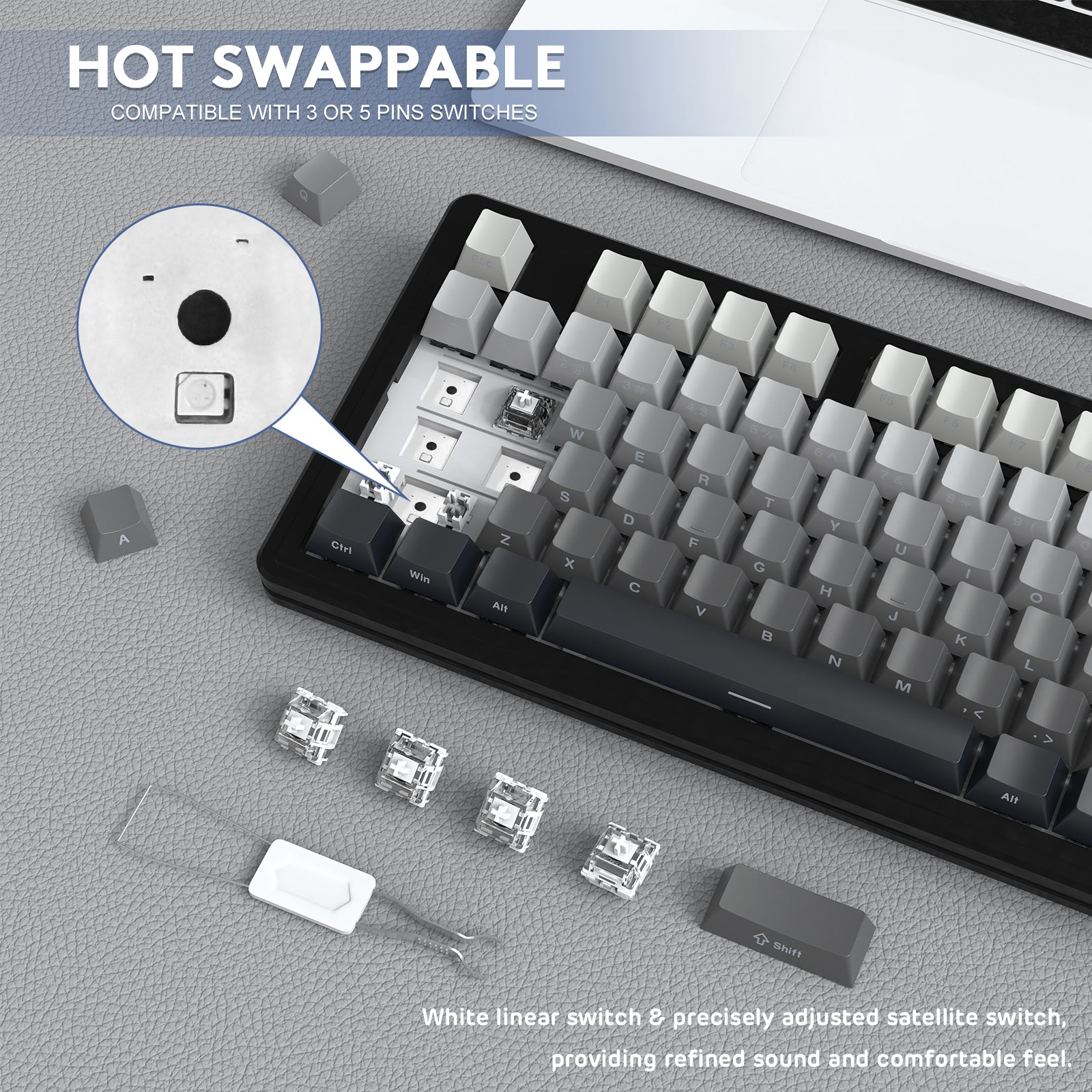 ATTACK SHARK M87PRO keyboard, hot-swappable with gray gradient keycaps, featuring linear and satellite switches.